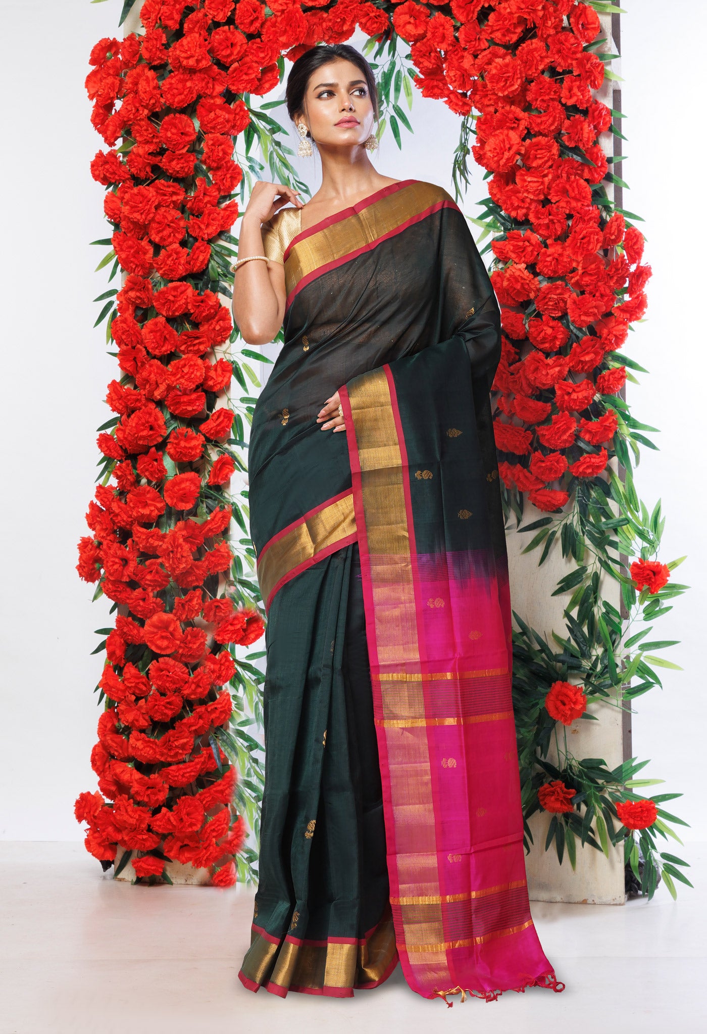 Dark Green-Pink Pure Handloom Assam Sico Saree-UNM80539