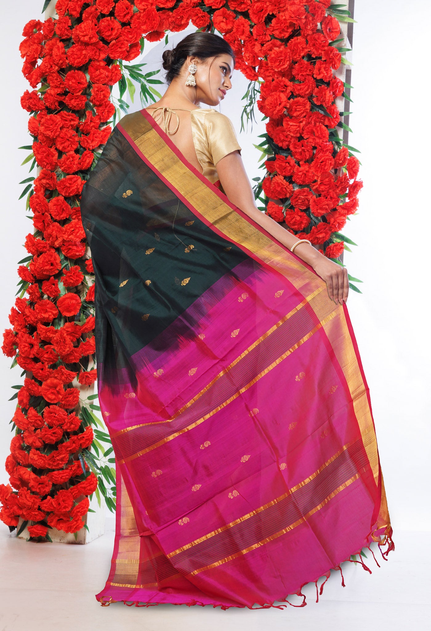 Dark Green-Pink Pure Handloom Assam Sico Saree-UNM80539