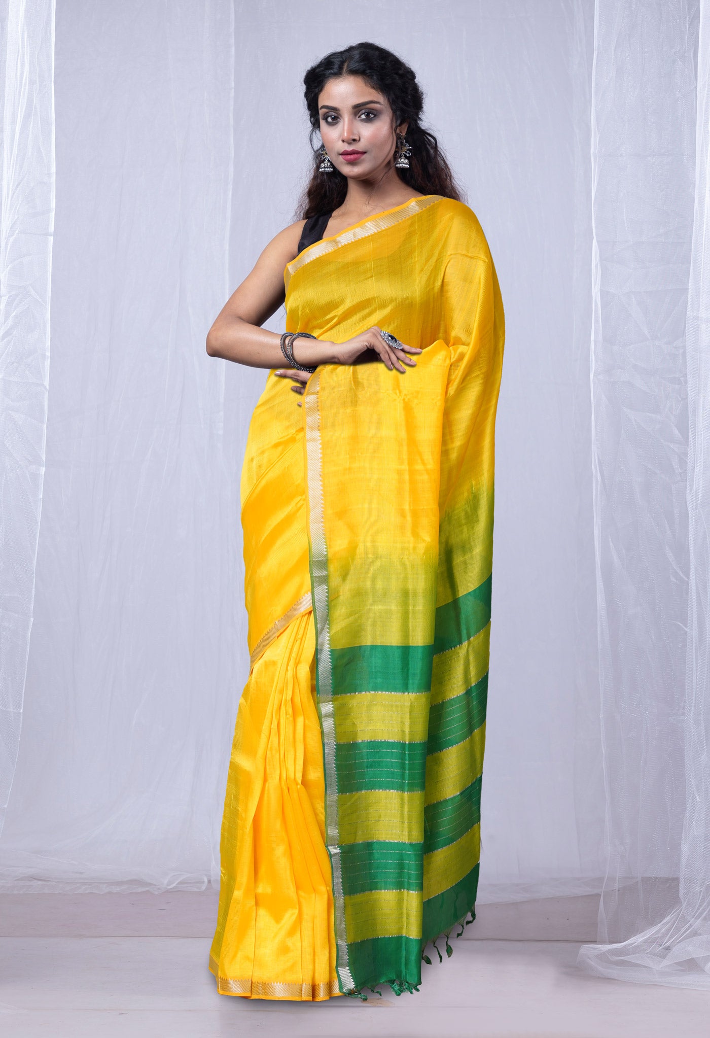 Yellow-Green Pure  Dyed Mangalgiri Soft Silk Saree-UNM80542