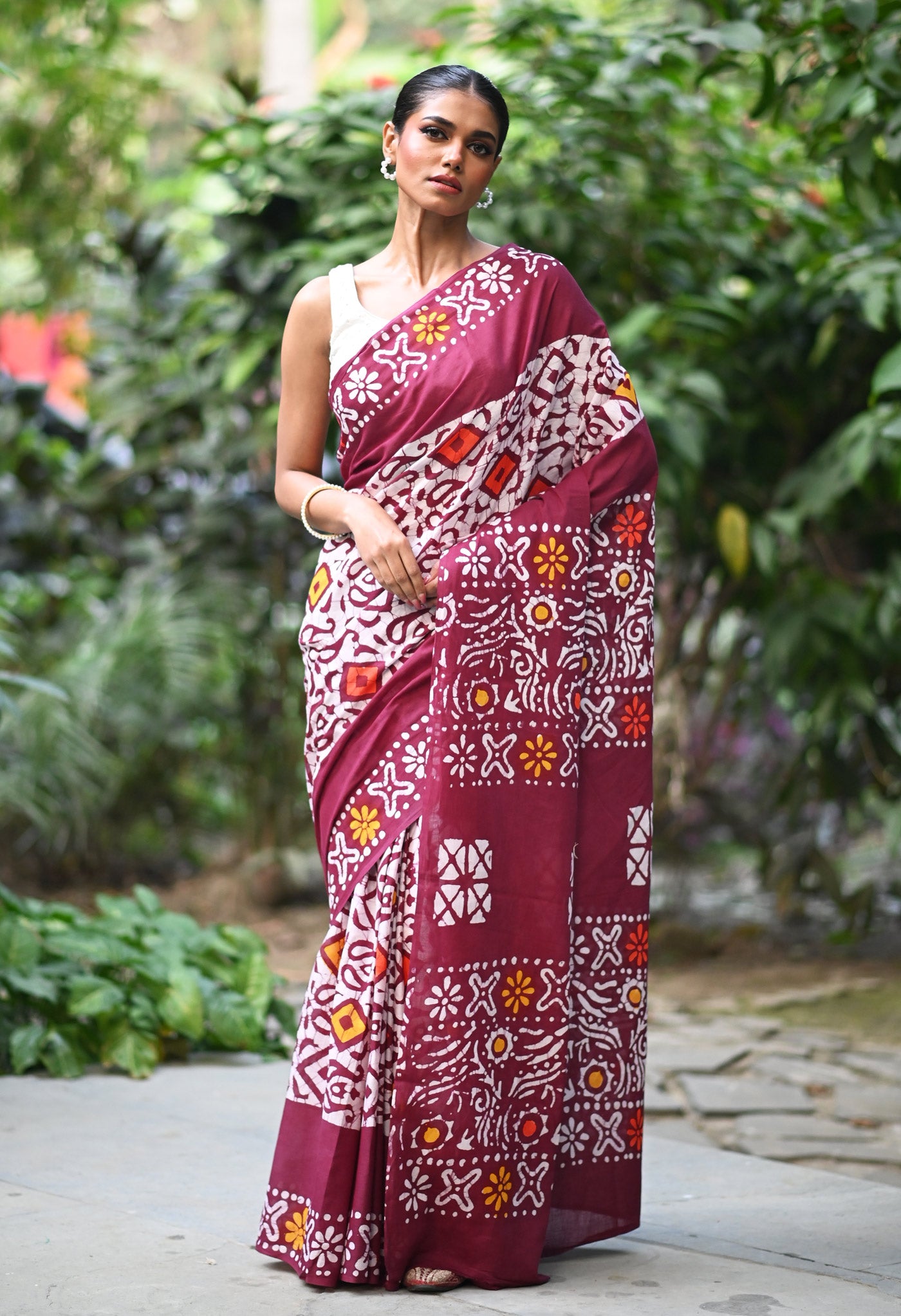 Maroon Pure  Wax Batik Printed Soft Cotton Saree-UNM80557