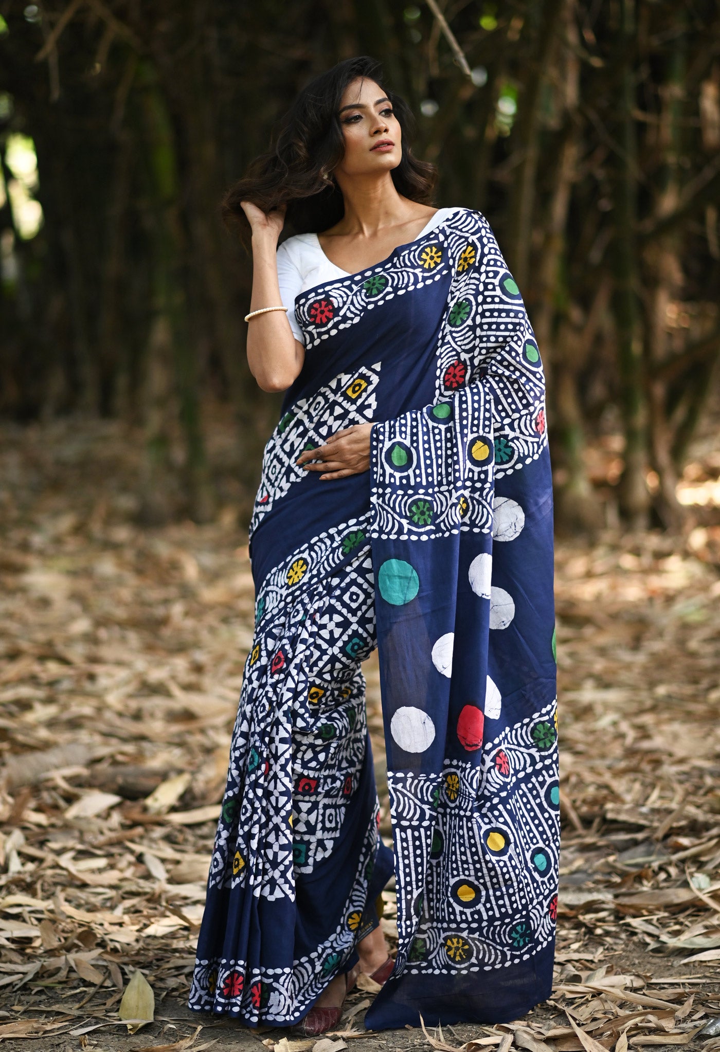 Navy Blue Pure  Wax Batik Printed Soft Cotton Saree-UNM80571