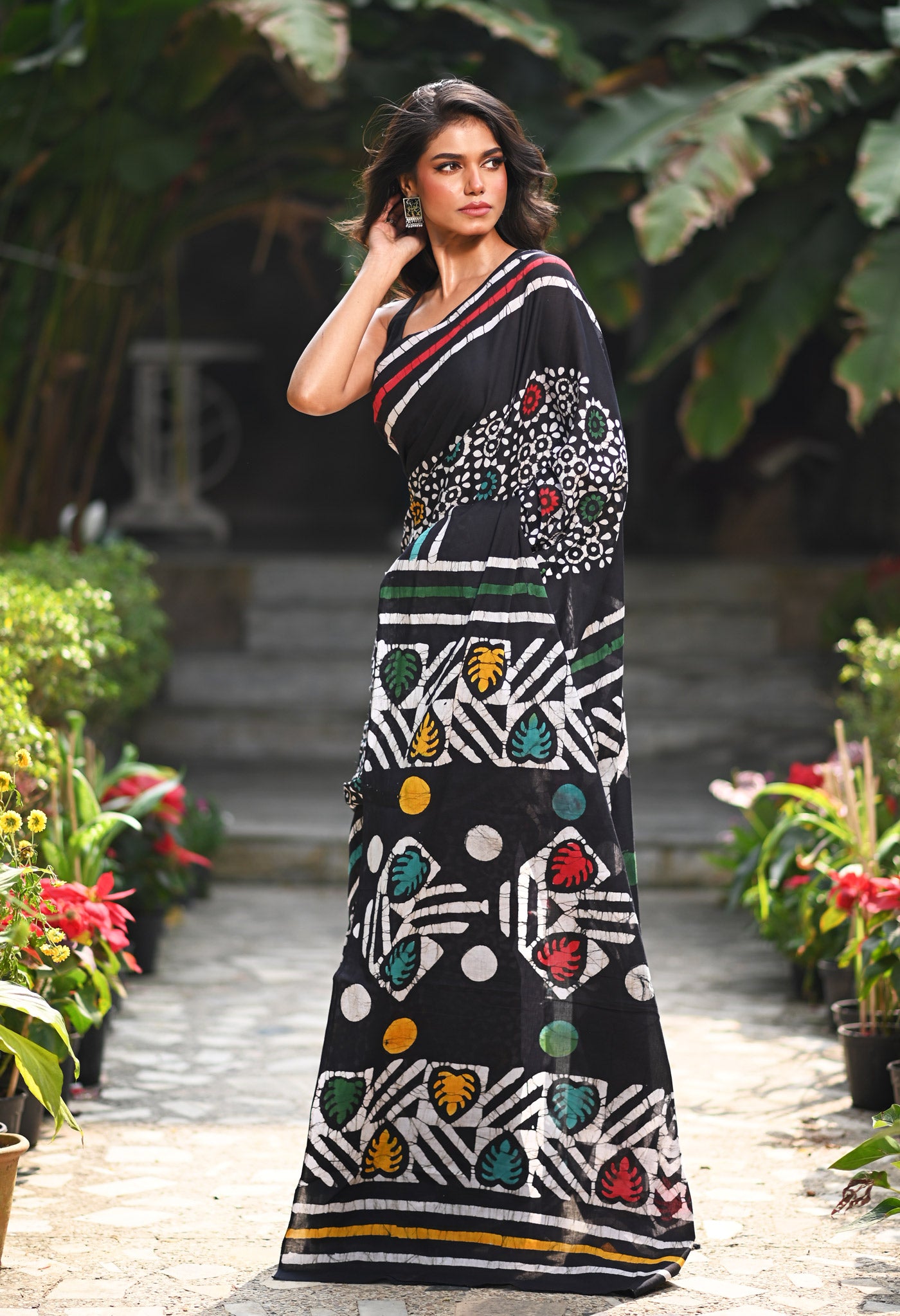 Black Pure  Wax Batik Printed Soft Cotton Saree-UNM80585