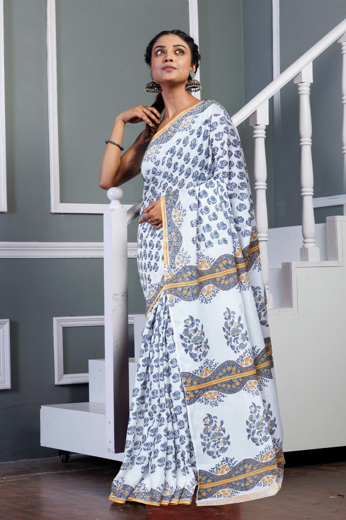 White Pure Block Printed Soft Cotton Saree-UNM80613