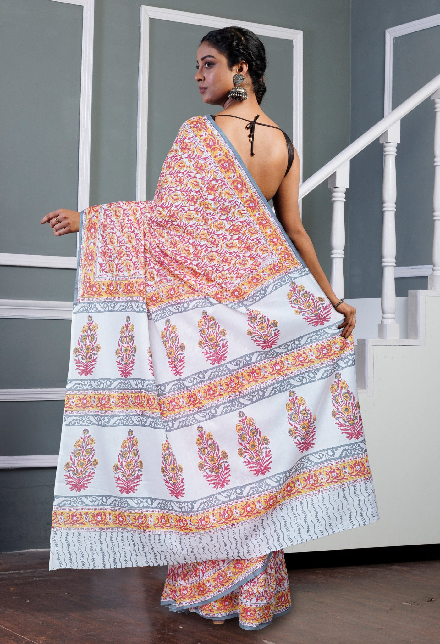 White Pure Block Printed Soft Cotton Saree-UNM80630