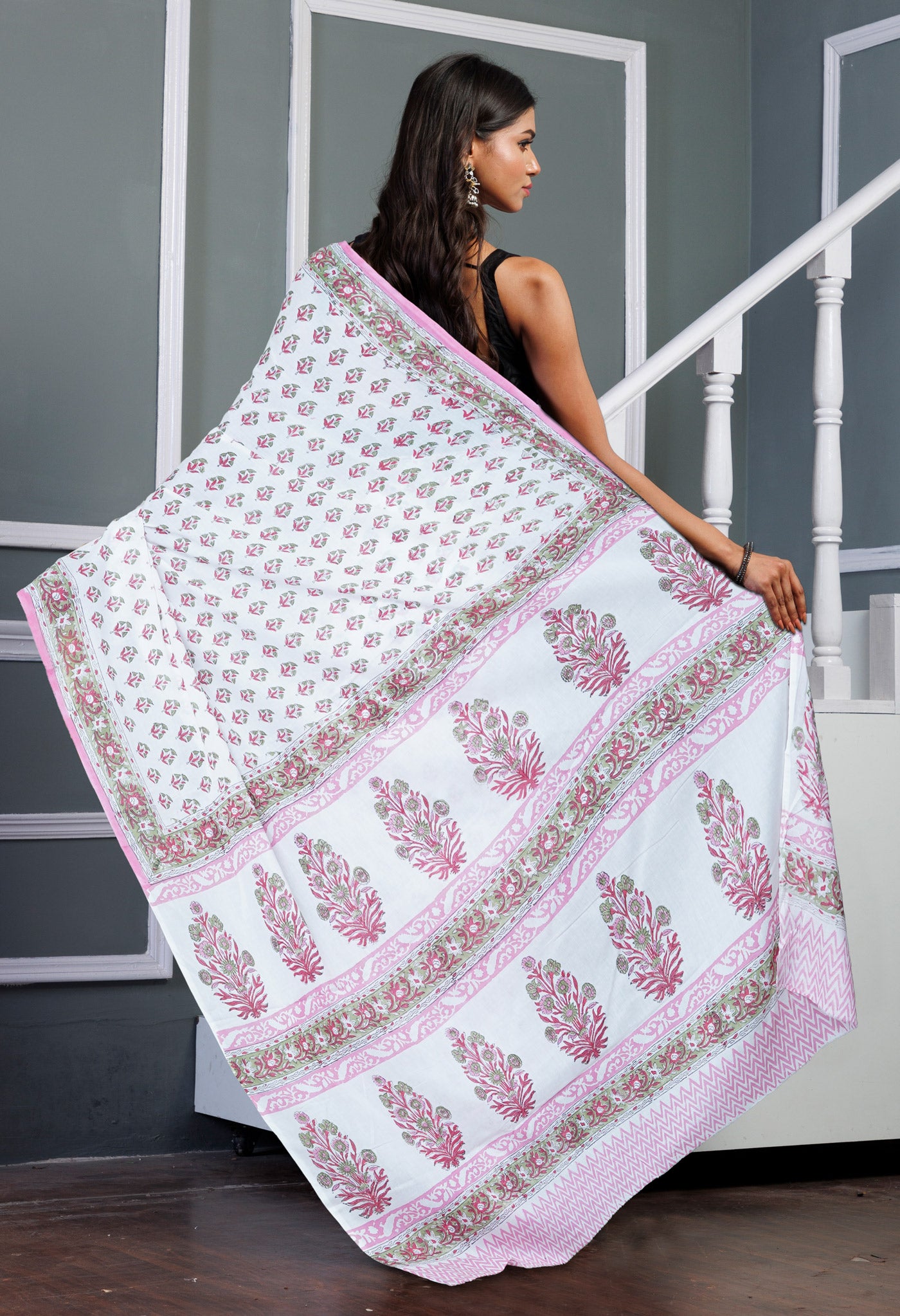 White Pure Block Printed Soft Cotton Saree-UNM80632