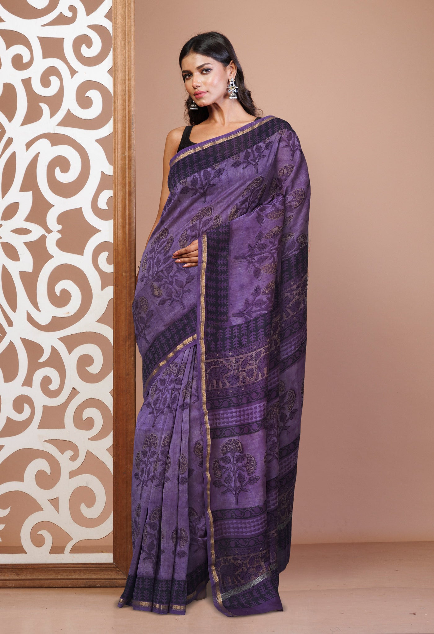 Violet Pure Vanaspathi Block Printed Chanderi Sico Saree-UNM80635