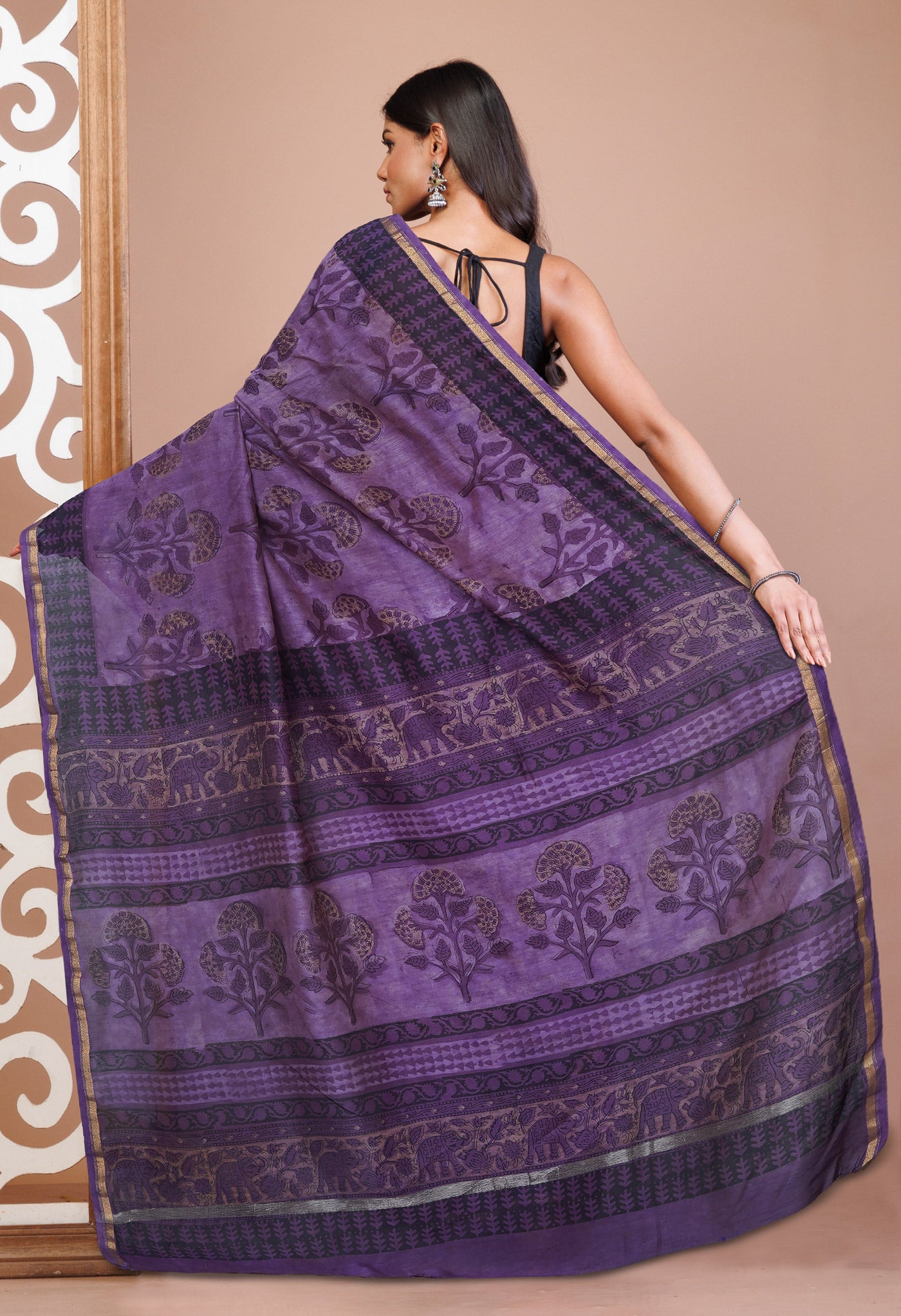 Violet Pure Vanaspathi Block Printed Chanderi Sico Saree-UNM80635