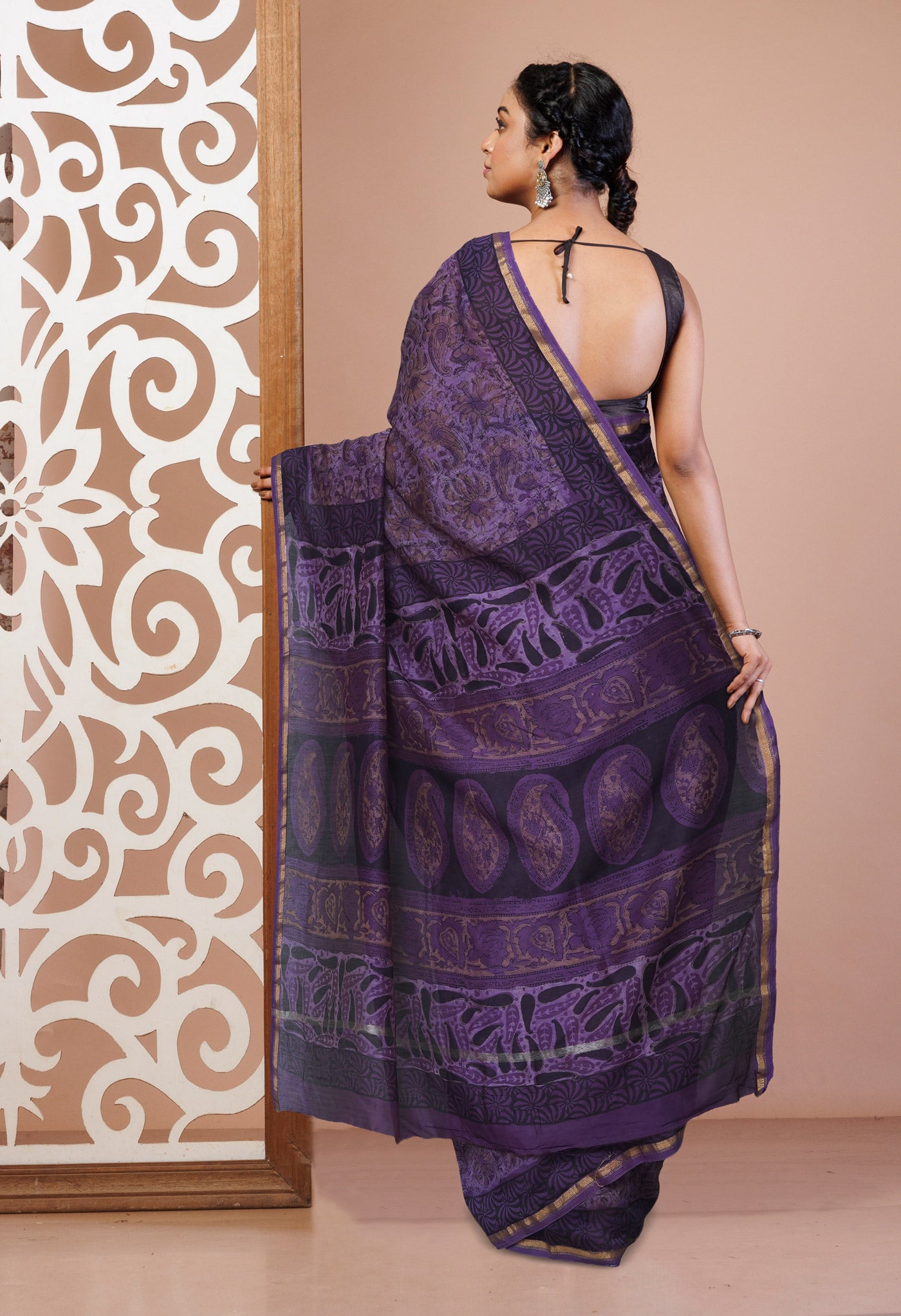 Violet Pure Vanaspathi Block Printed Chanderi Sico Saree-UNM80636