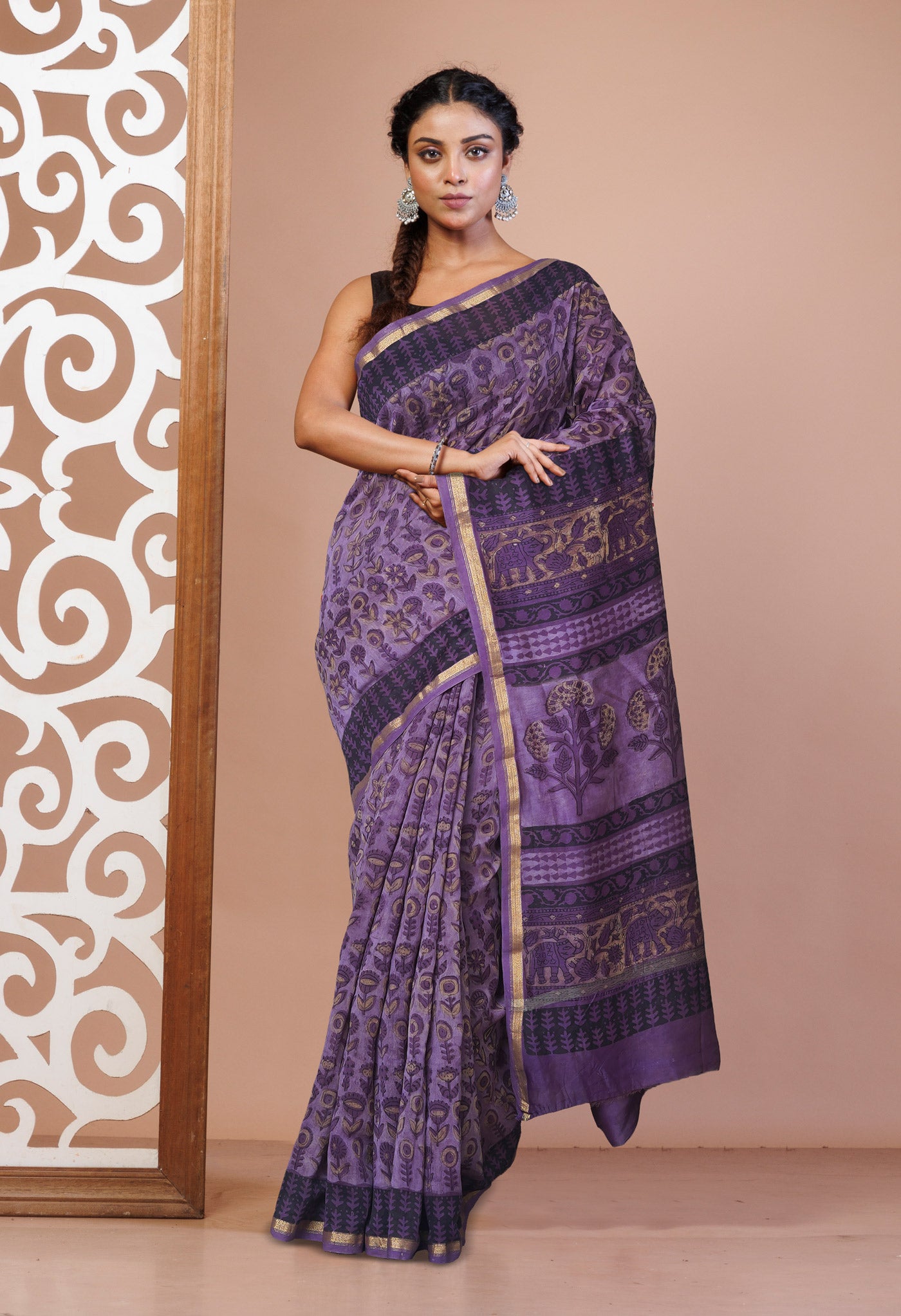 Violet Pure Vanaspathi Block Printed Chanderi Sico Saree-UNM80637