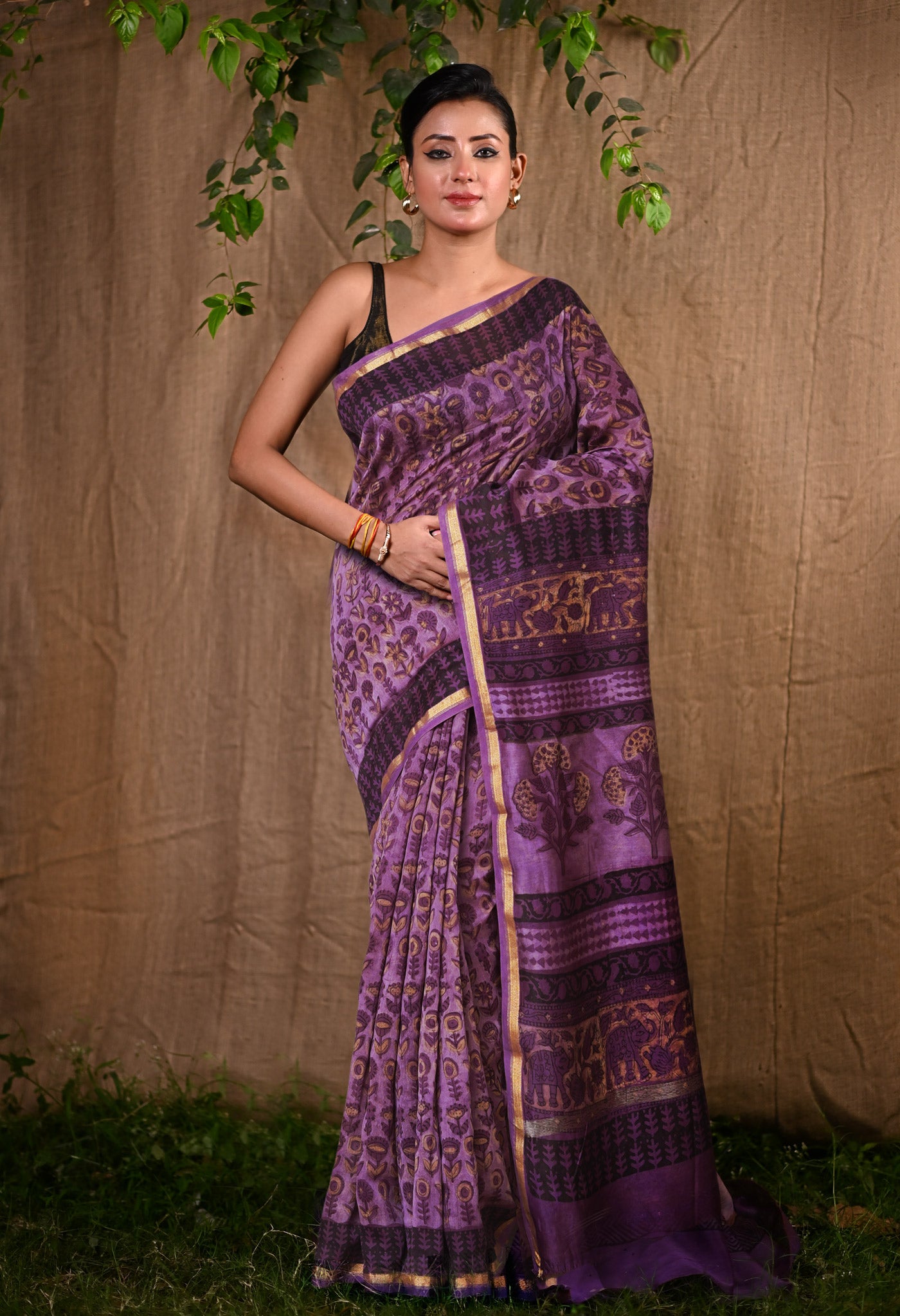 Violet Pure Vanaspathi Block Printed Chanderi Sico Saree-UNM80637