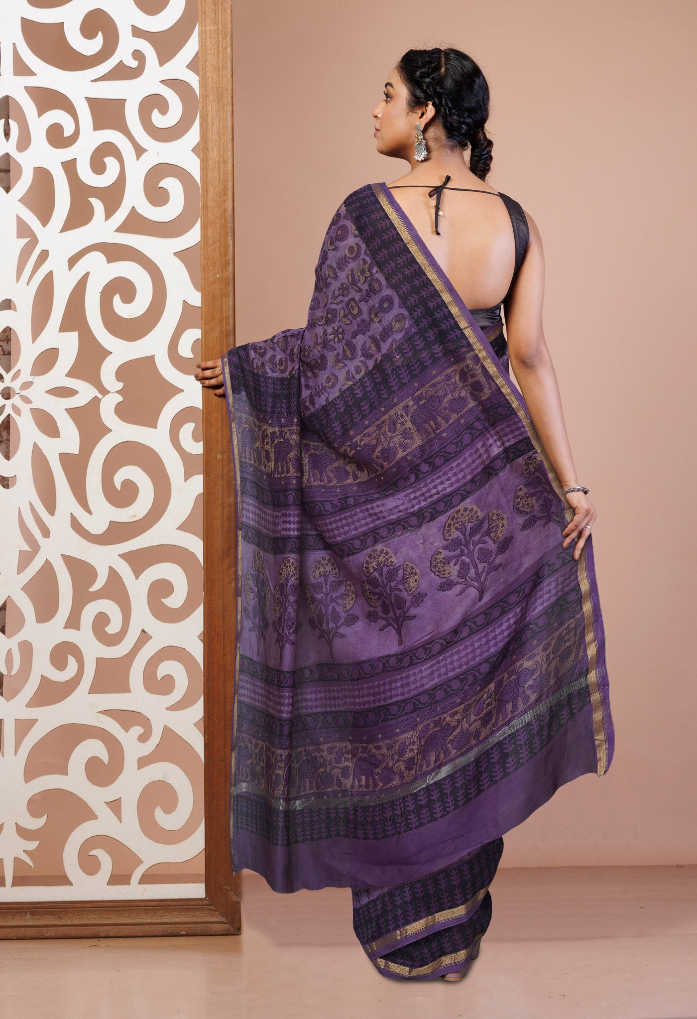 Violet Pure Vanaspathi Block Printed Chanderi Sico Saree-UNM80637