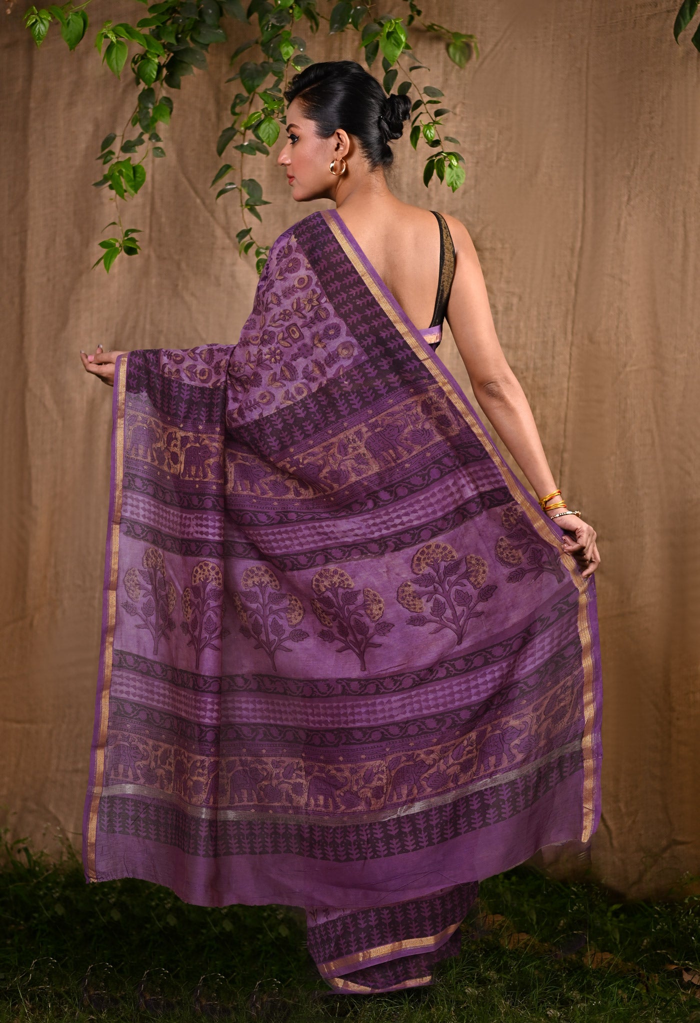 Violet Pure Vanaspathi Block Printed Chanderi Sico Saree-UNM80637