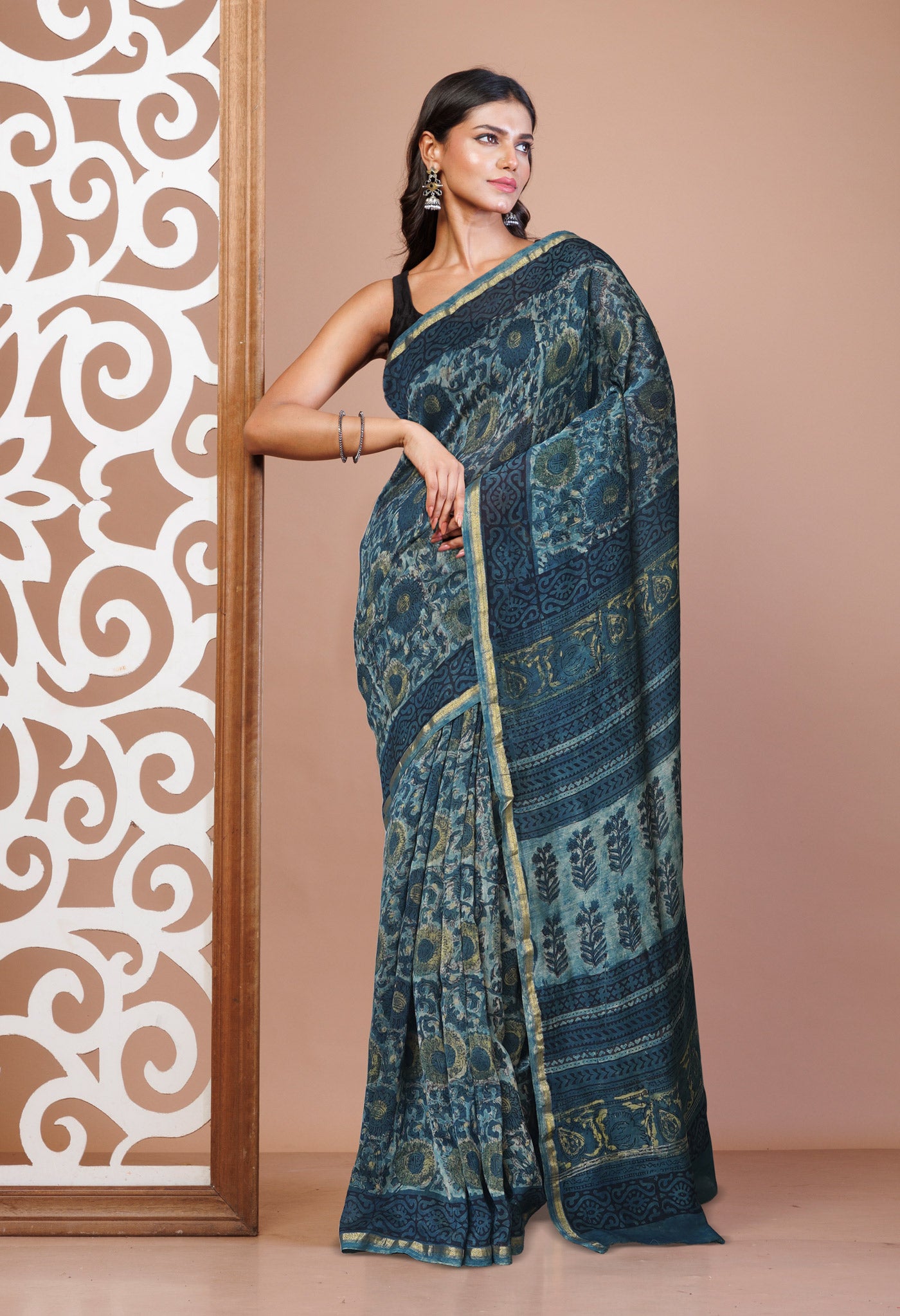 Blue Pure Vanaspathi Block Printed Chanderi Sico Saree-UNM80638