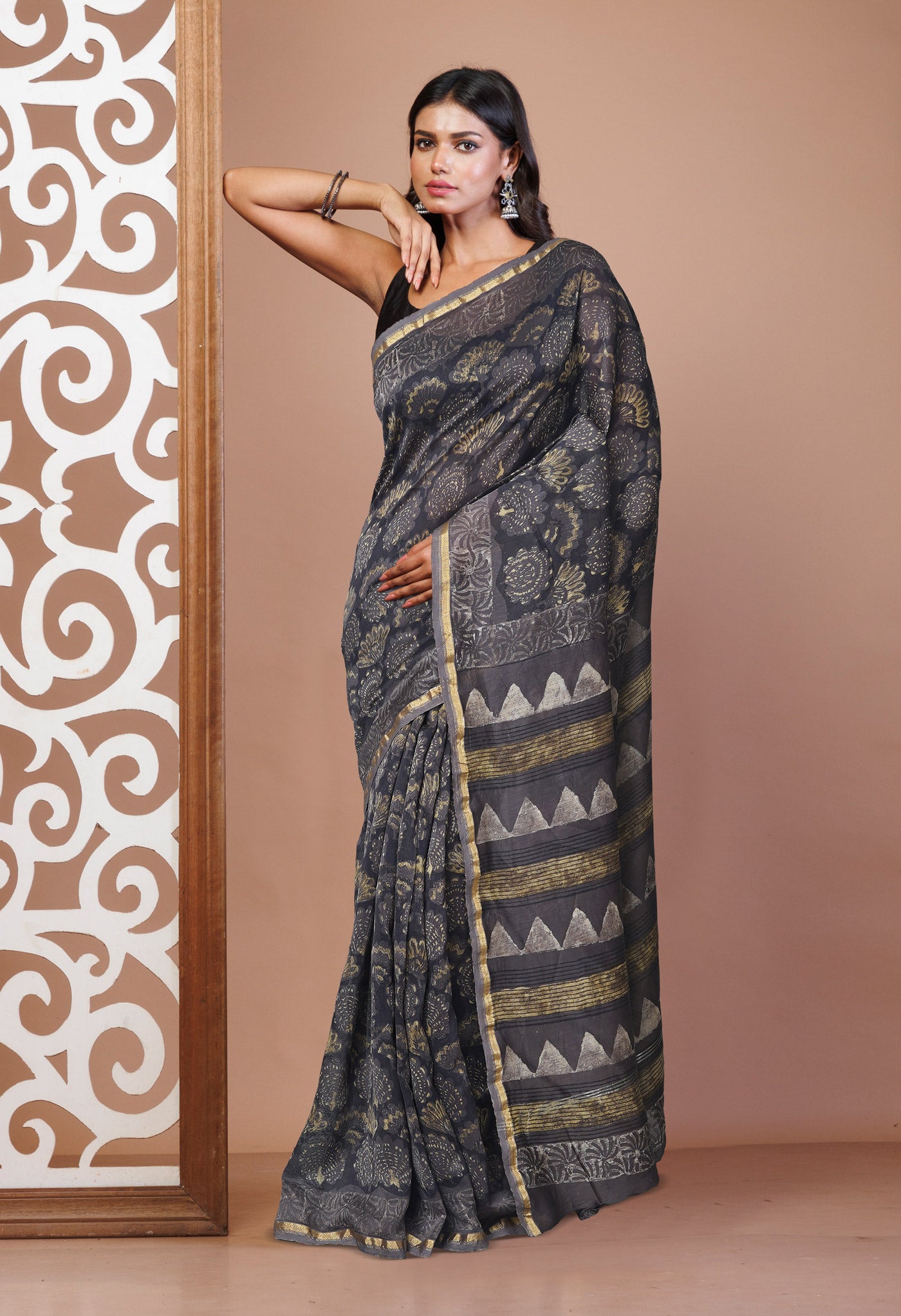 Brown Pure Vanaspathi Block Printed Chanderi Sico Saree-UNM80639