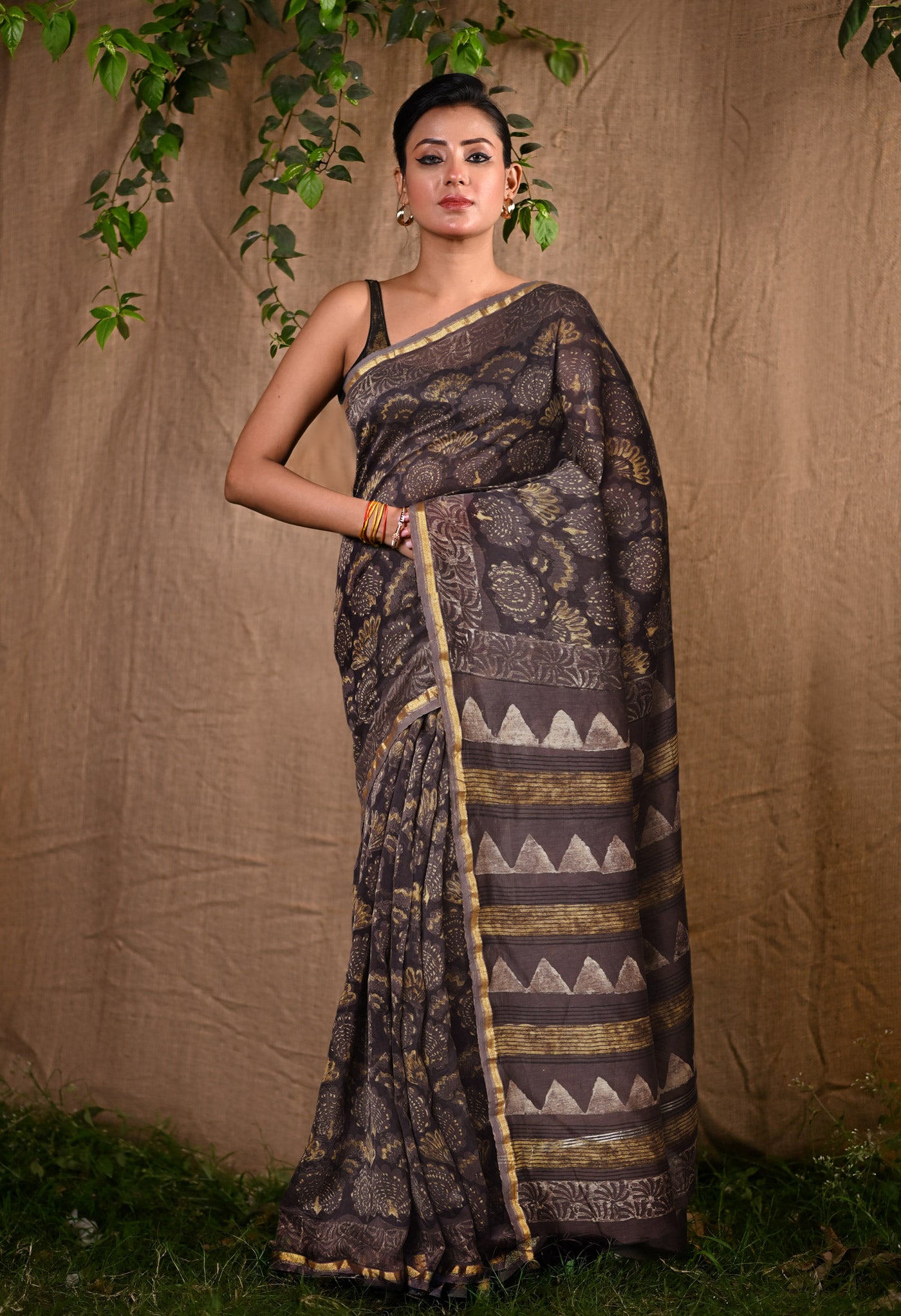 Brown Pure Vanaspathi Block Printed Chanderi Sico Saree-UNM80639