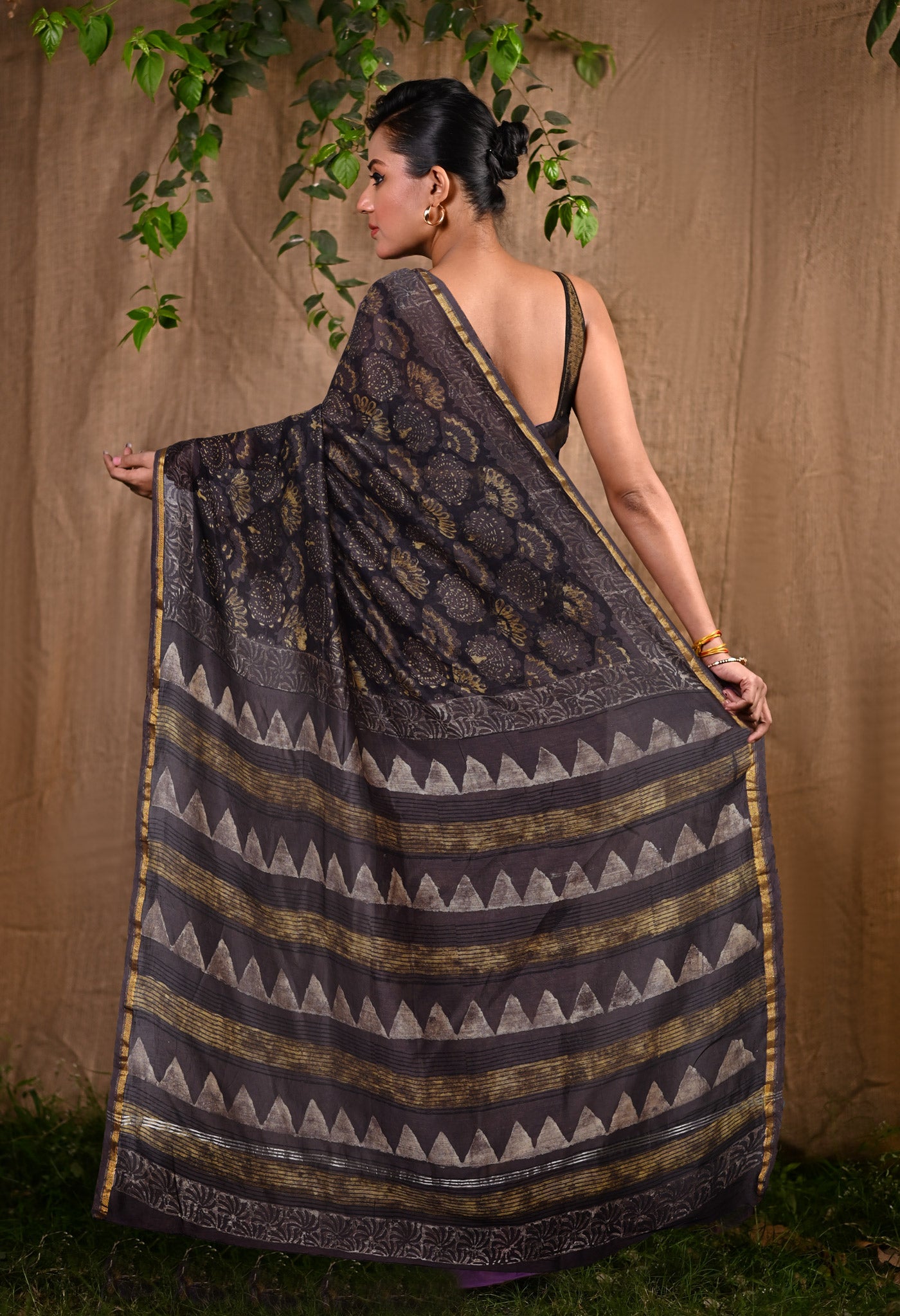 Brown Pure Vanaspathi Block Printed Chanderi Sico Saree-UNM80639