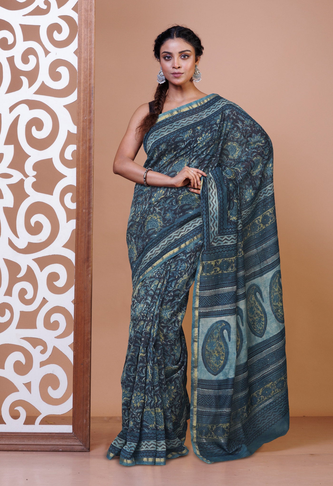 Blue Pure Vanaspathi Block Printed Chanderi Sico Saree-UNM80640