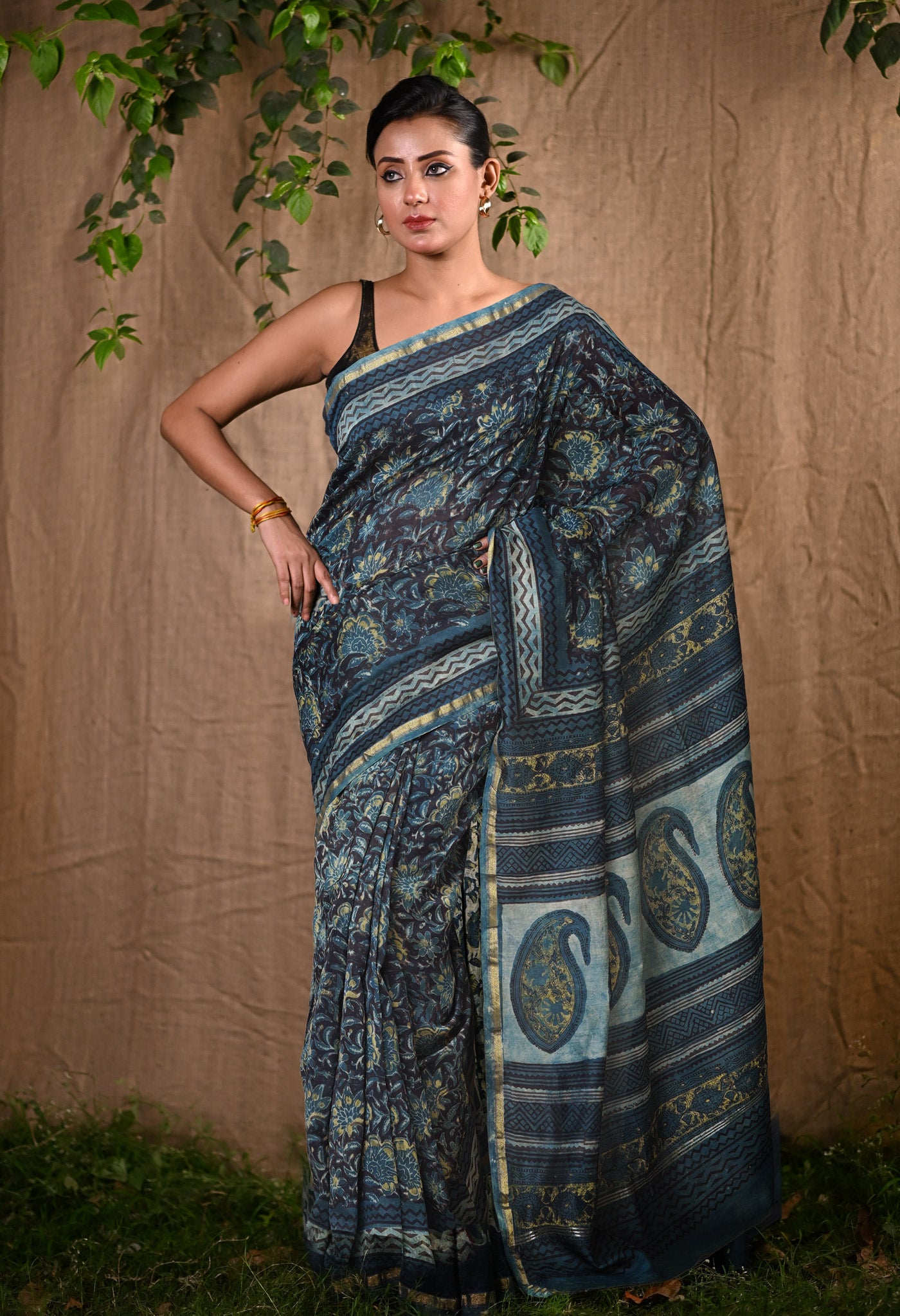 Blue Pure Vanaspathi Block Printed Chanderi Sico Saree-UNM80640