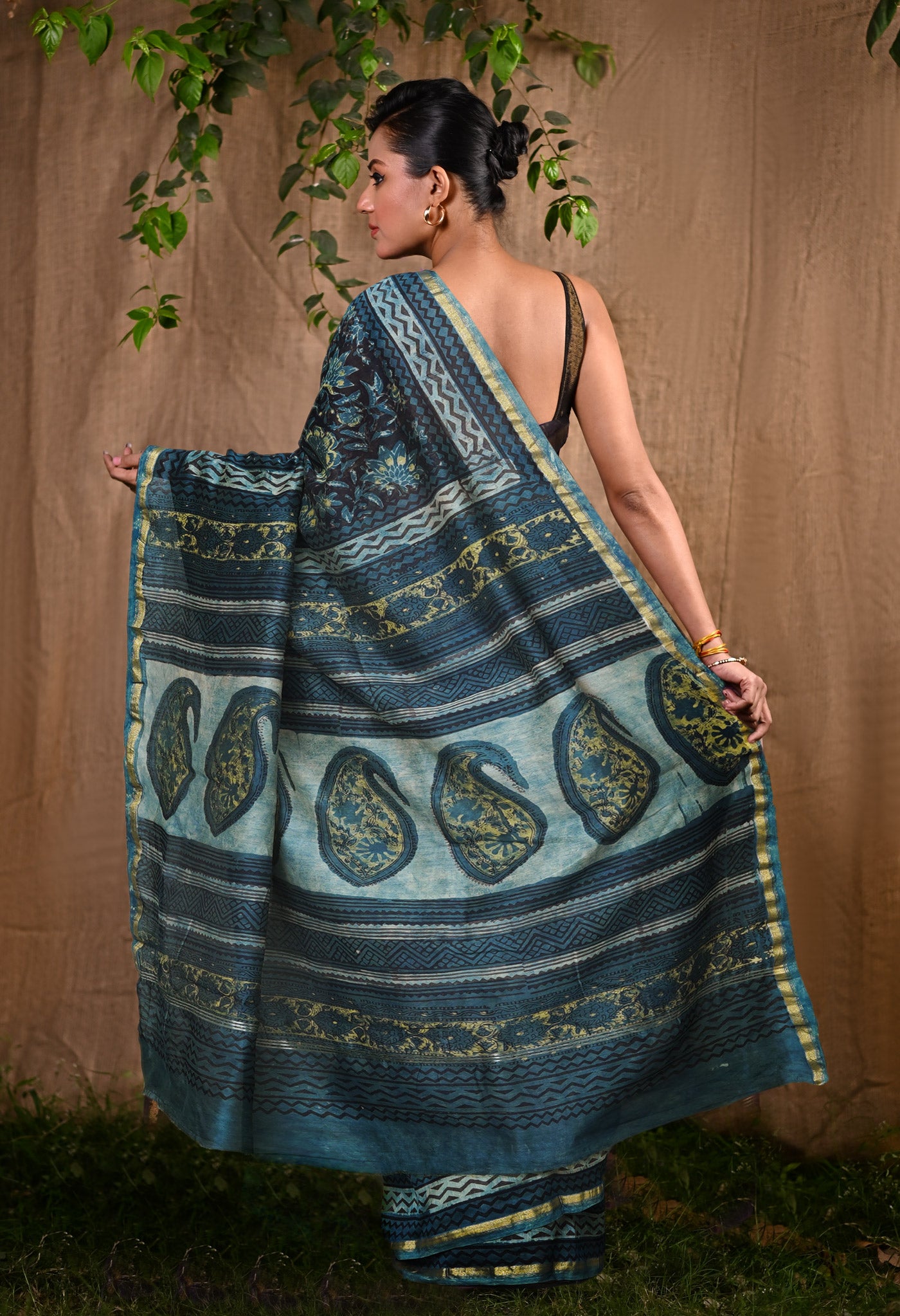 Blue Pure Vanaspathi Block Printed Chanderi Sico Saree-UNM80640