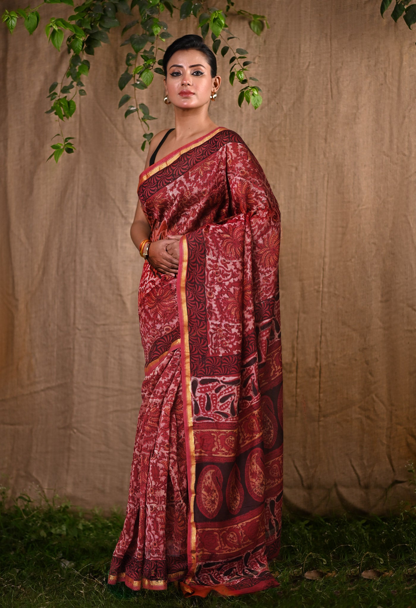 Red Pure Vanaspathi Block Printed Chanderi Sico Saree-UNM80642