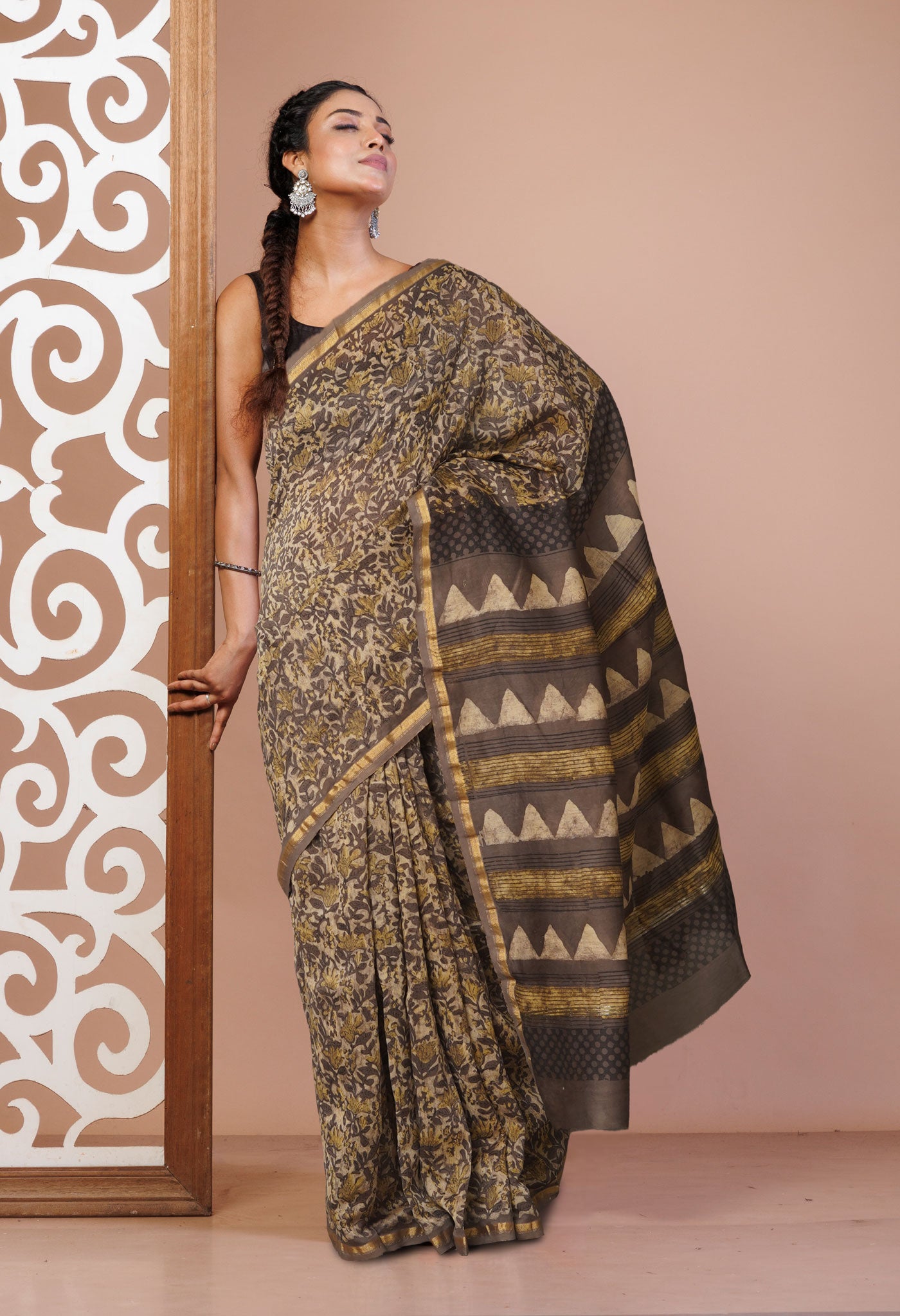 Brown Pure Vanaspathi Block Printed Chanderi Sico Saree-UNM80644