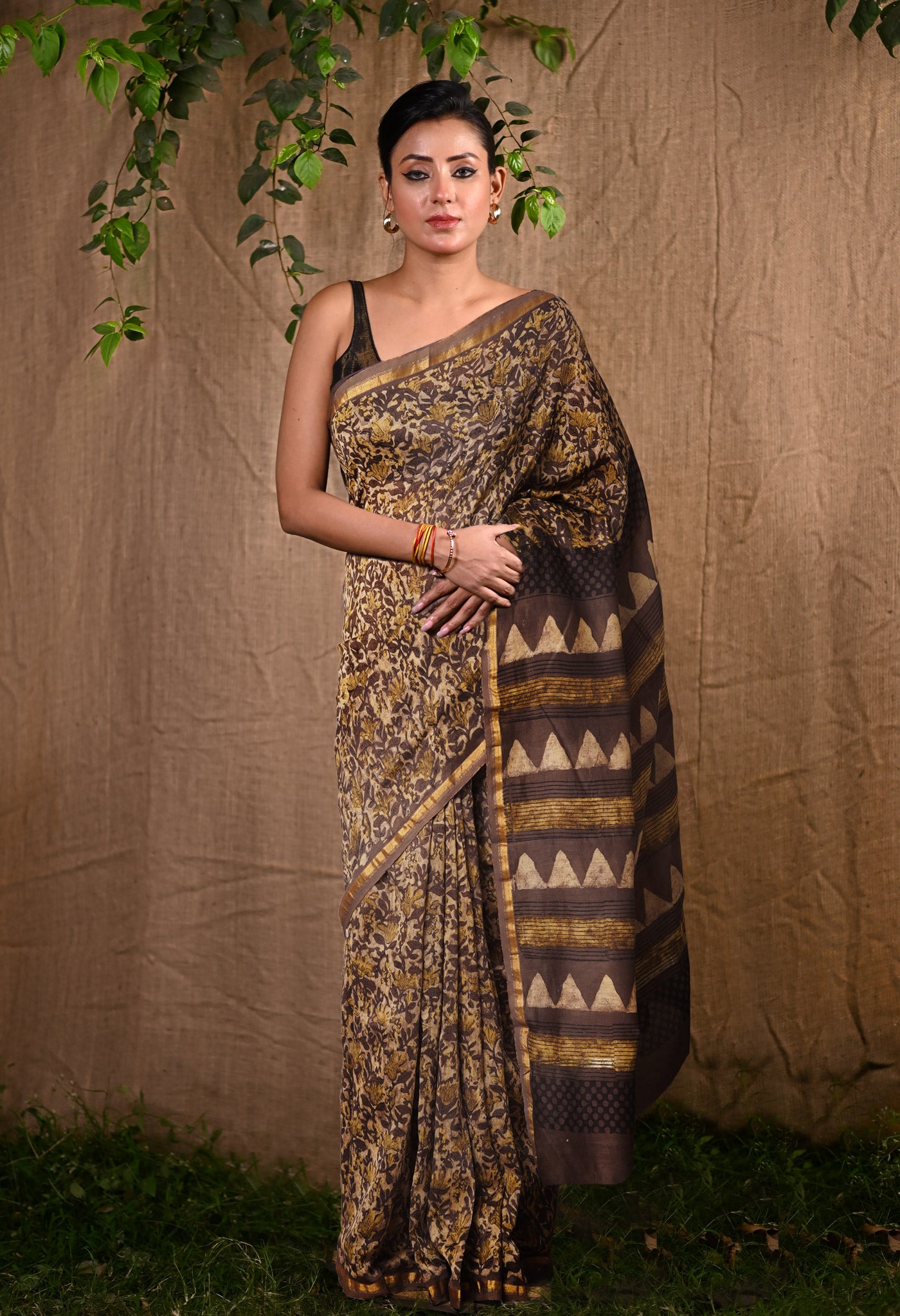 Brown Pure Vanaspathi Block Printed Chanderi Sico Saree-UNM80644