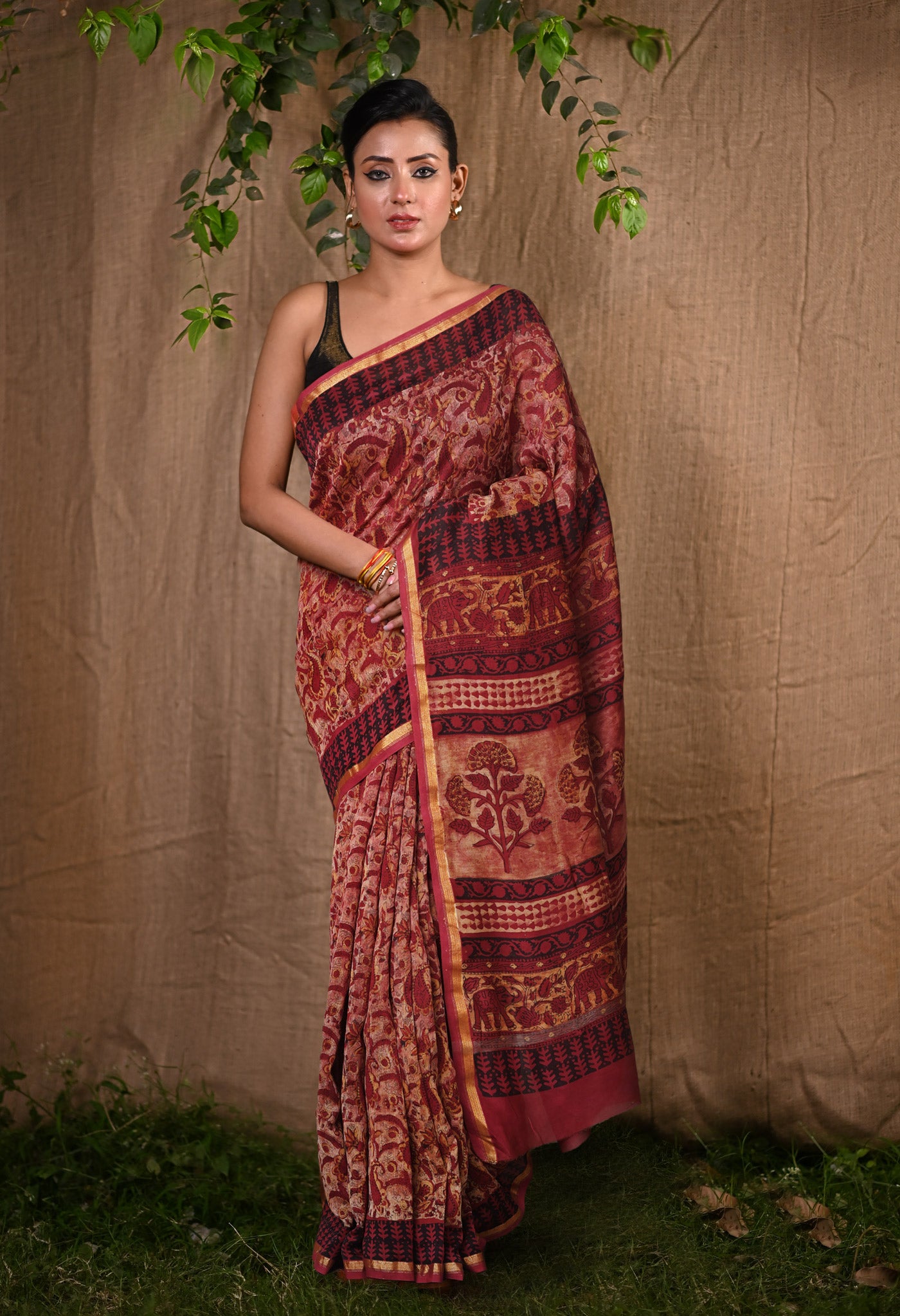 Red Pure Vanaspathi Block Printed Chanderi Sico Saree-UNM80645