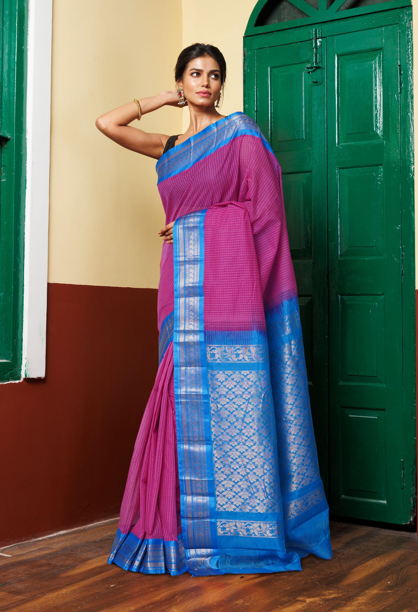 Pink-Blue PureHandloom Gadwal With Check  Cotton Saree-UNM80657