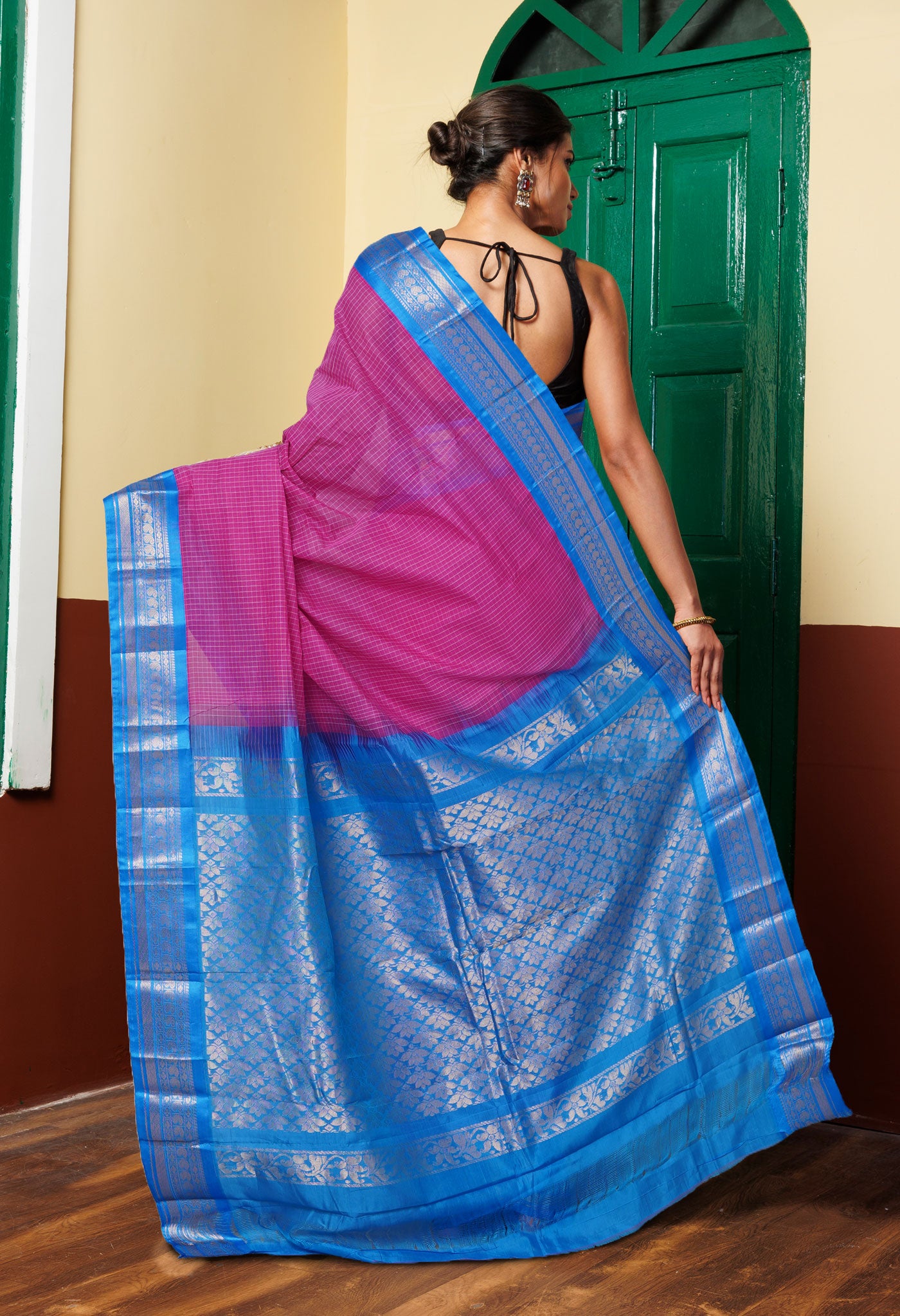 Pink-Blue PureHandloom Gadwal With Check  Cotton Saree-UNM80657