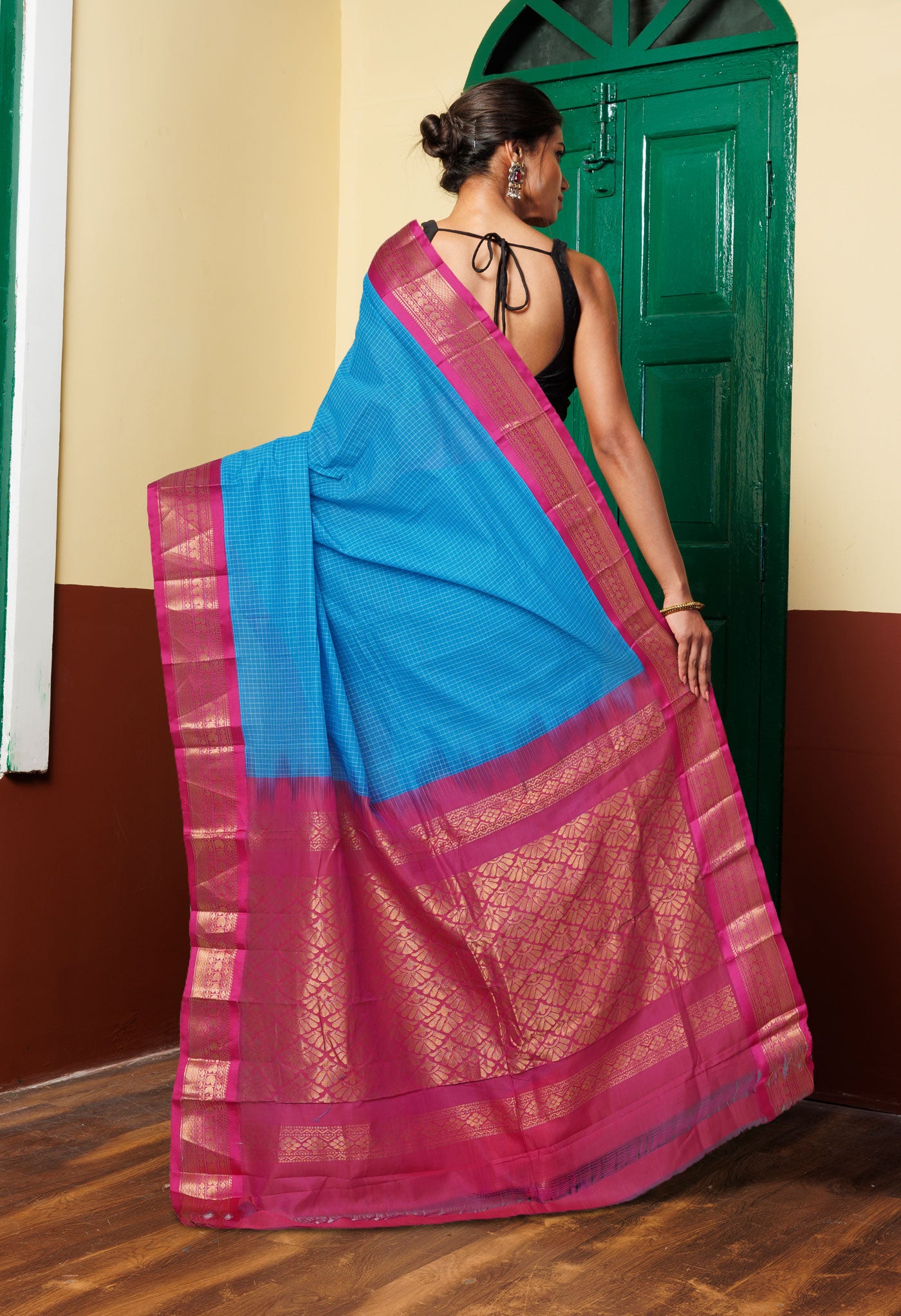 Blue-Red Pure Handloom Gadwal With Check  Cotton Saree-UNM80658