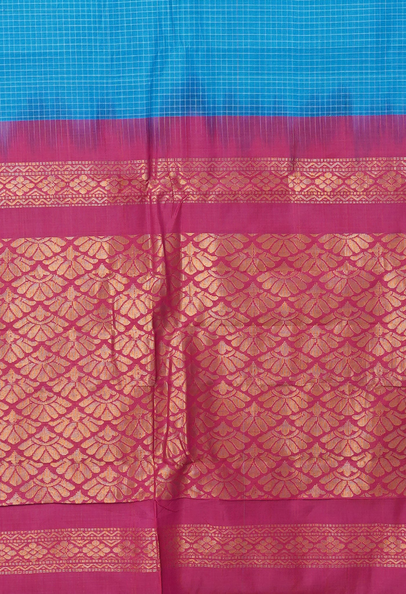 Blue-Red Pure Handloom Gadwal With Check  Cotton Saree-UNM80658