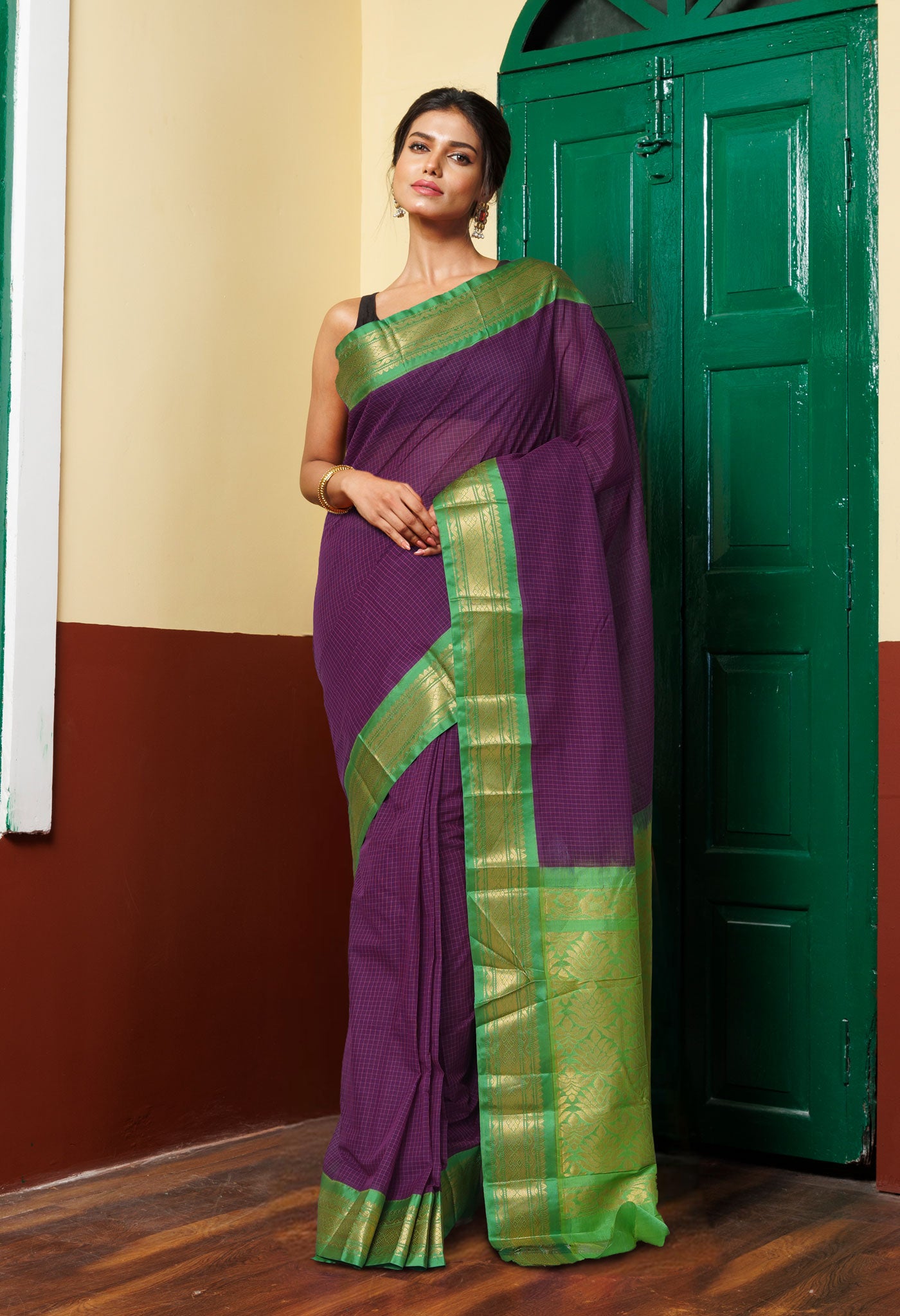 Dark Purple-Green Pure Handloom Gadwal With Check  Cotton Saree-UNM80659