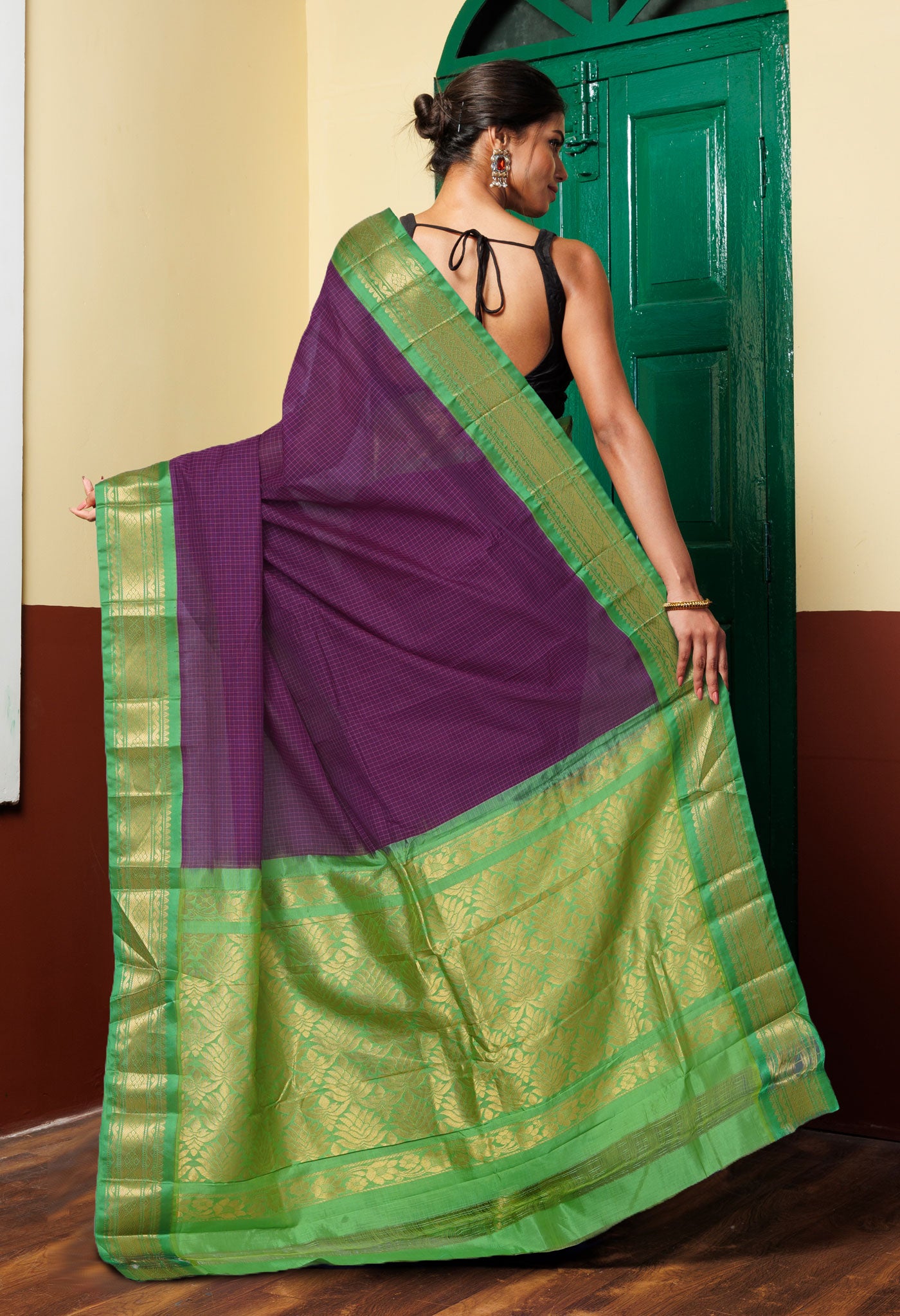 Dark Purple-Green Pure Handloom Gadwal With Check  Cotton Saree-UNM80659