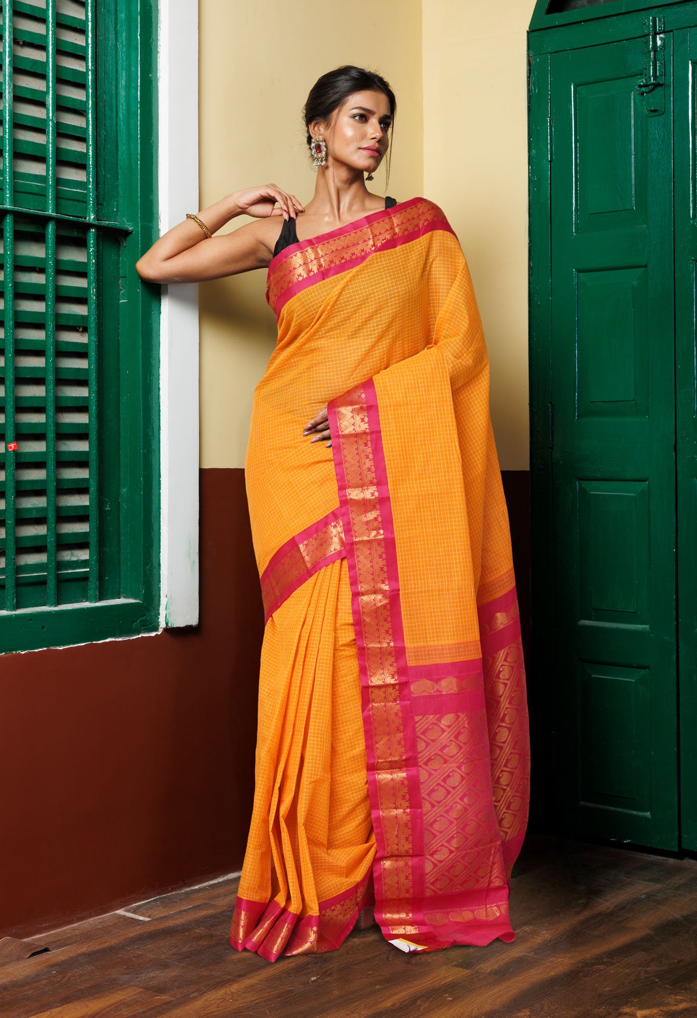 Yellow-Red PureHandloom Gadwal With Check  Cotton Saree-UNM80665