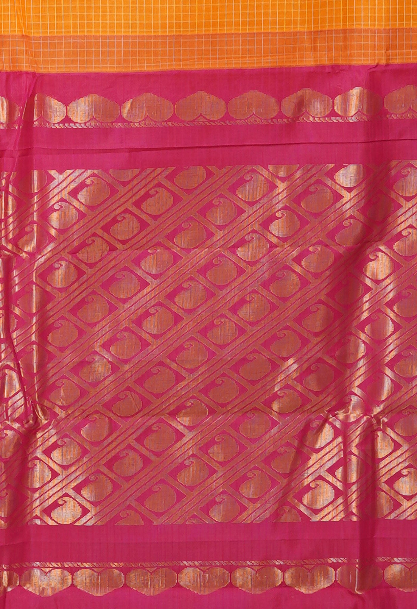 Yellow-Red Pure Handloom Gadwal With Check  Cotton Saree-UNM80665