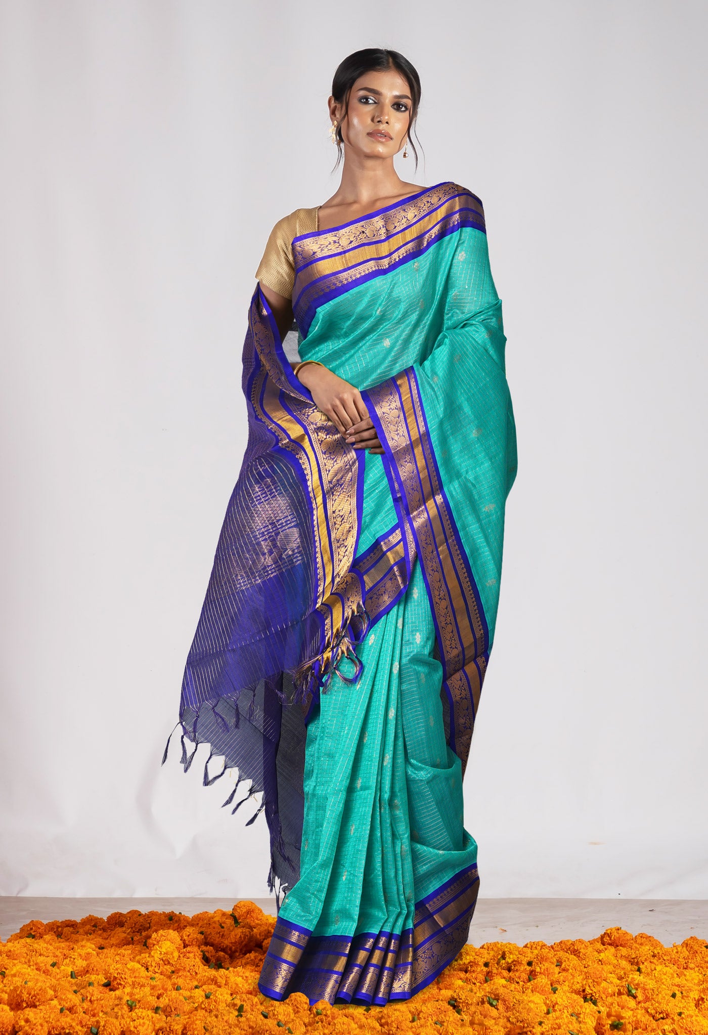 Turquoise Blue Pure Assam Sico Saree-UNM80692