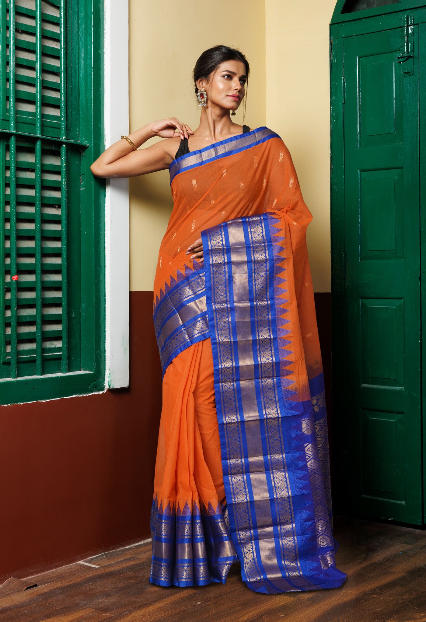 Orange-Dark Blue PureHandloom Gadwal Cotton Saree-UNM80712