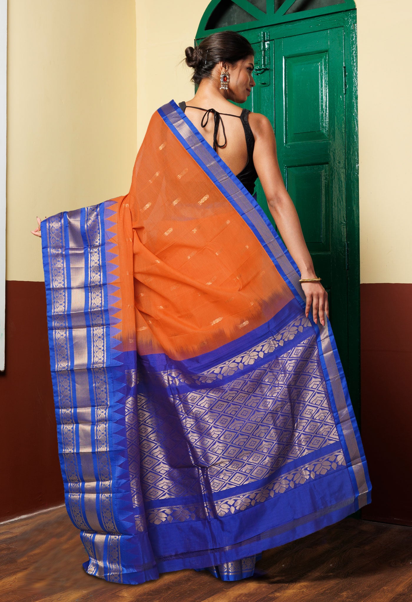 Orange-Dark Blue PureHandloom Gadwal Cotton Saree-UNM80712