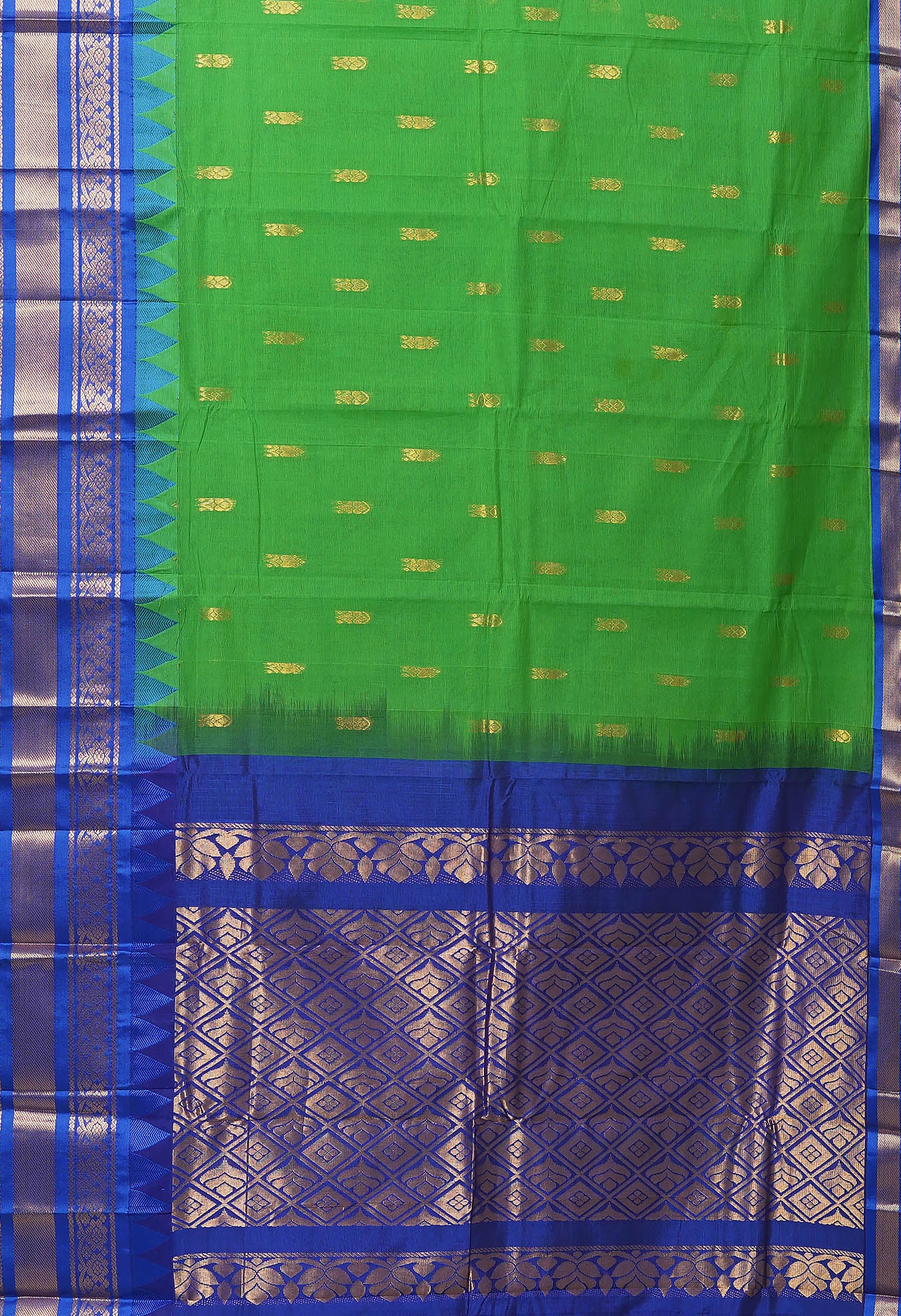 Green-Dark Blue PureHandloom Gadwal Cotton Saree-UNM80715