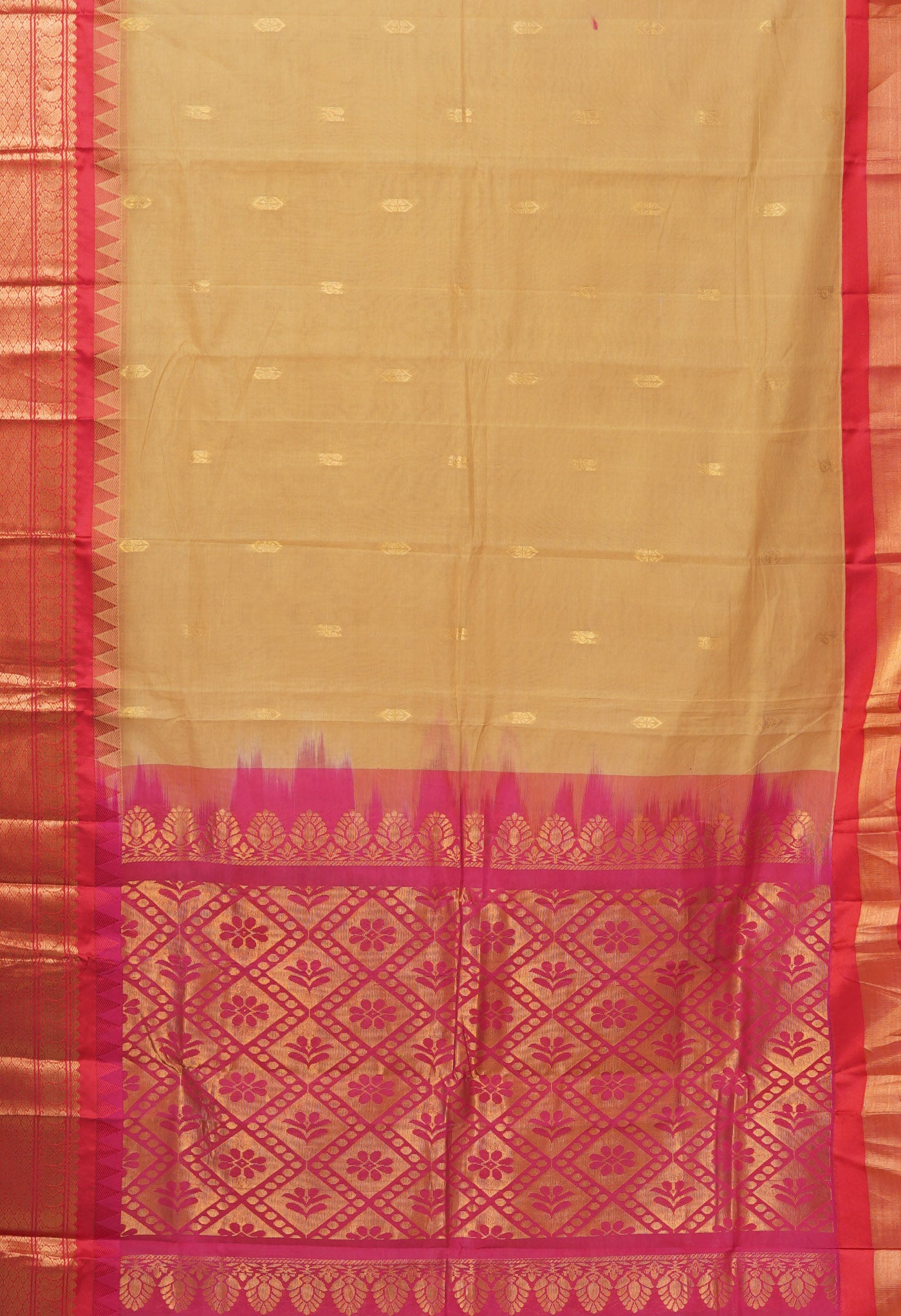 Ivory Cream-Red PureHandloom Gadwal Cotton Saree-UNM80717