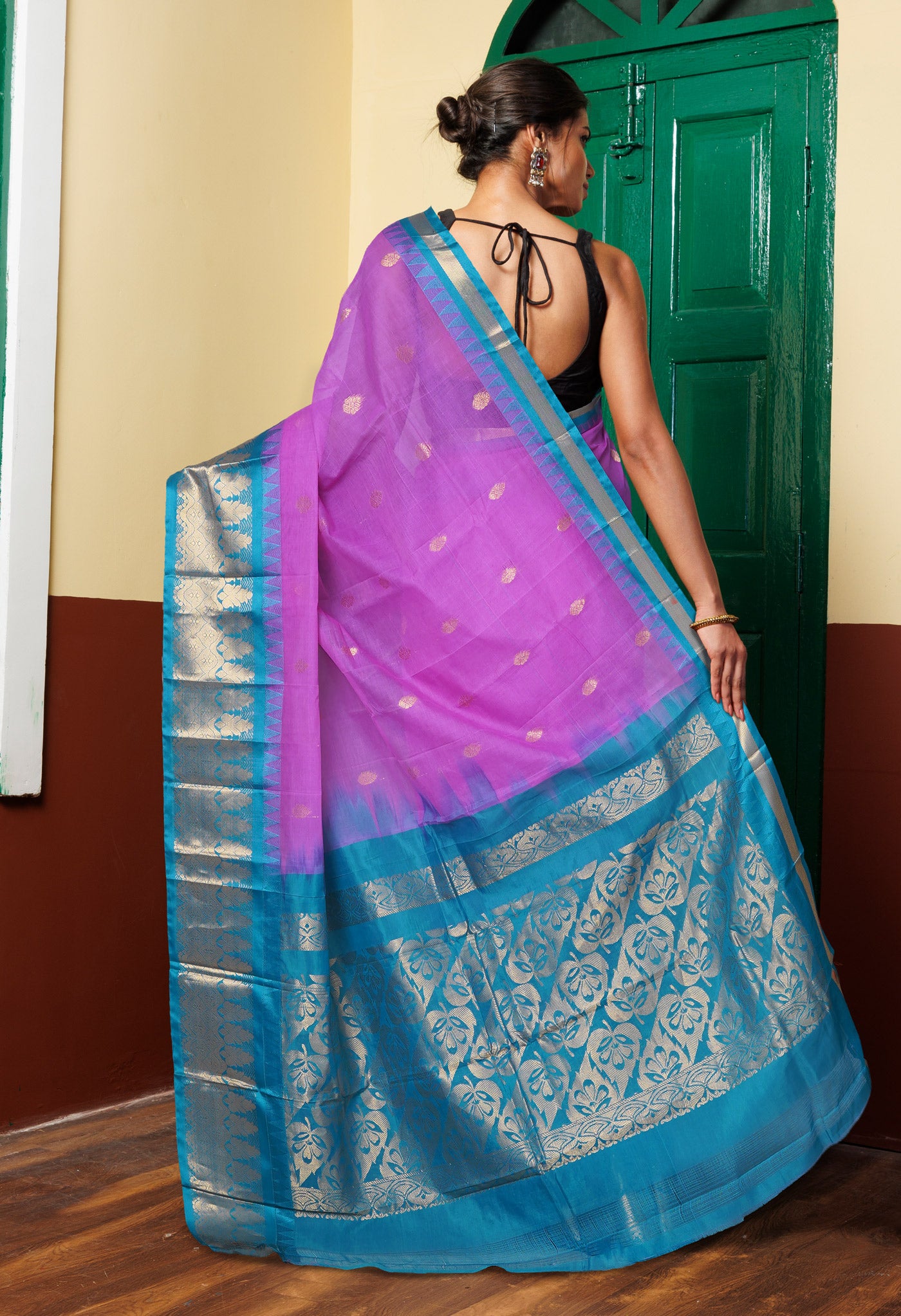 Pink-Turquoise Blue PureHandloom Gadwal Cotton Saree-UNM80718