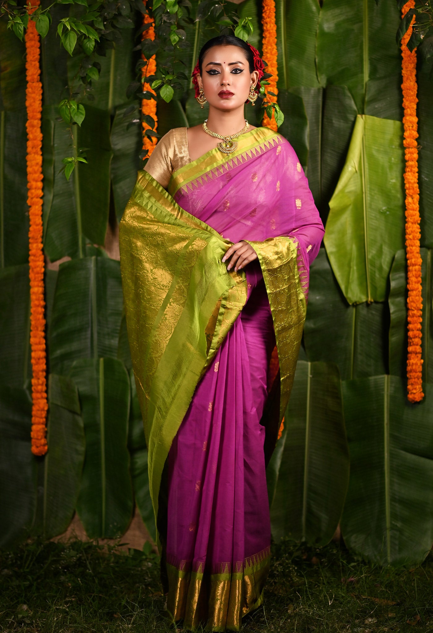 Purple-Green PureHandloom Gadwal Cotton Saree-UNM80720