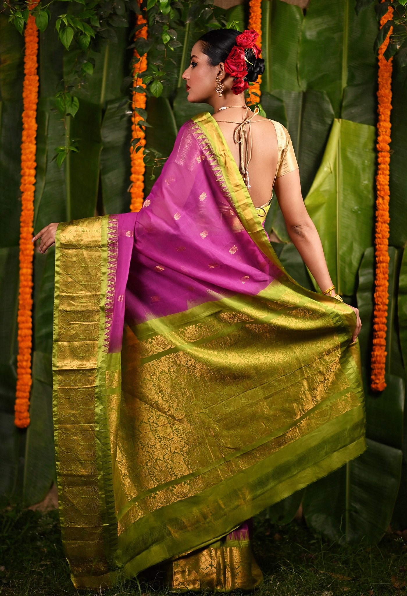 Purple-Green PureHandloom Gadwal Cotton Saree-UNM80720