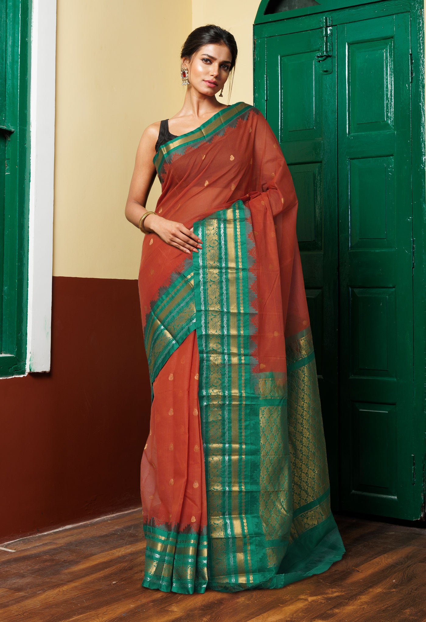 Rust Orange-Green PureHandloom Gadwal Cotton Saree-UNM80723