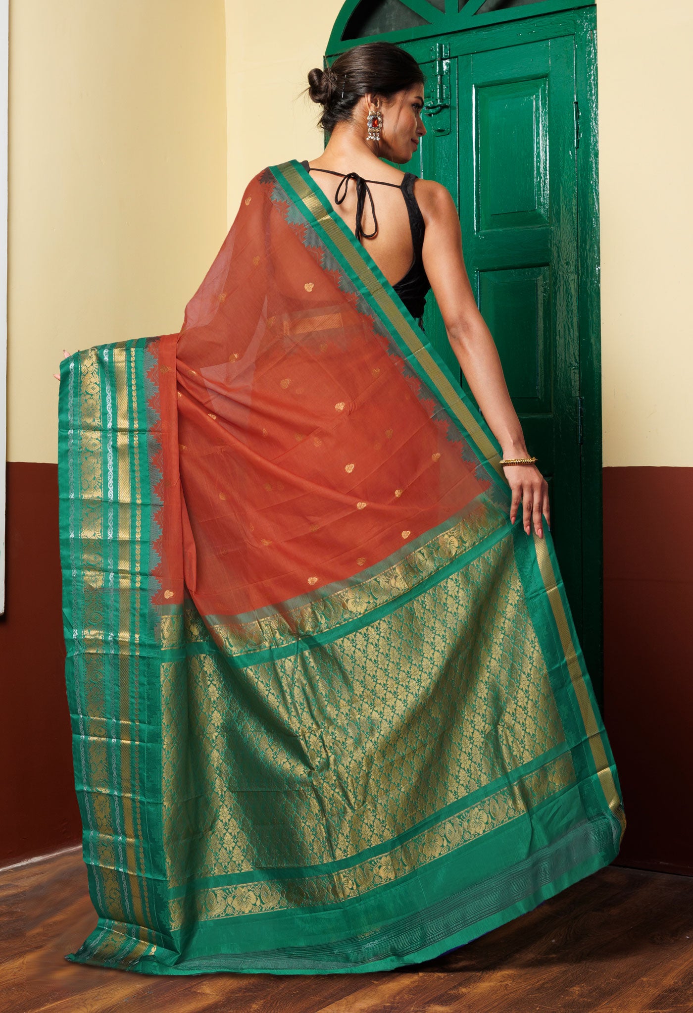 Rust Orange-Green PureHandloom Gadwal Cotton Saree-UNM80723