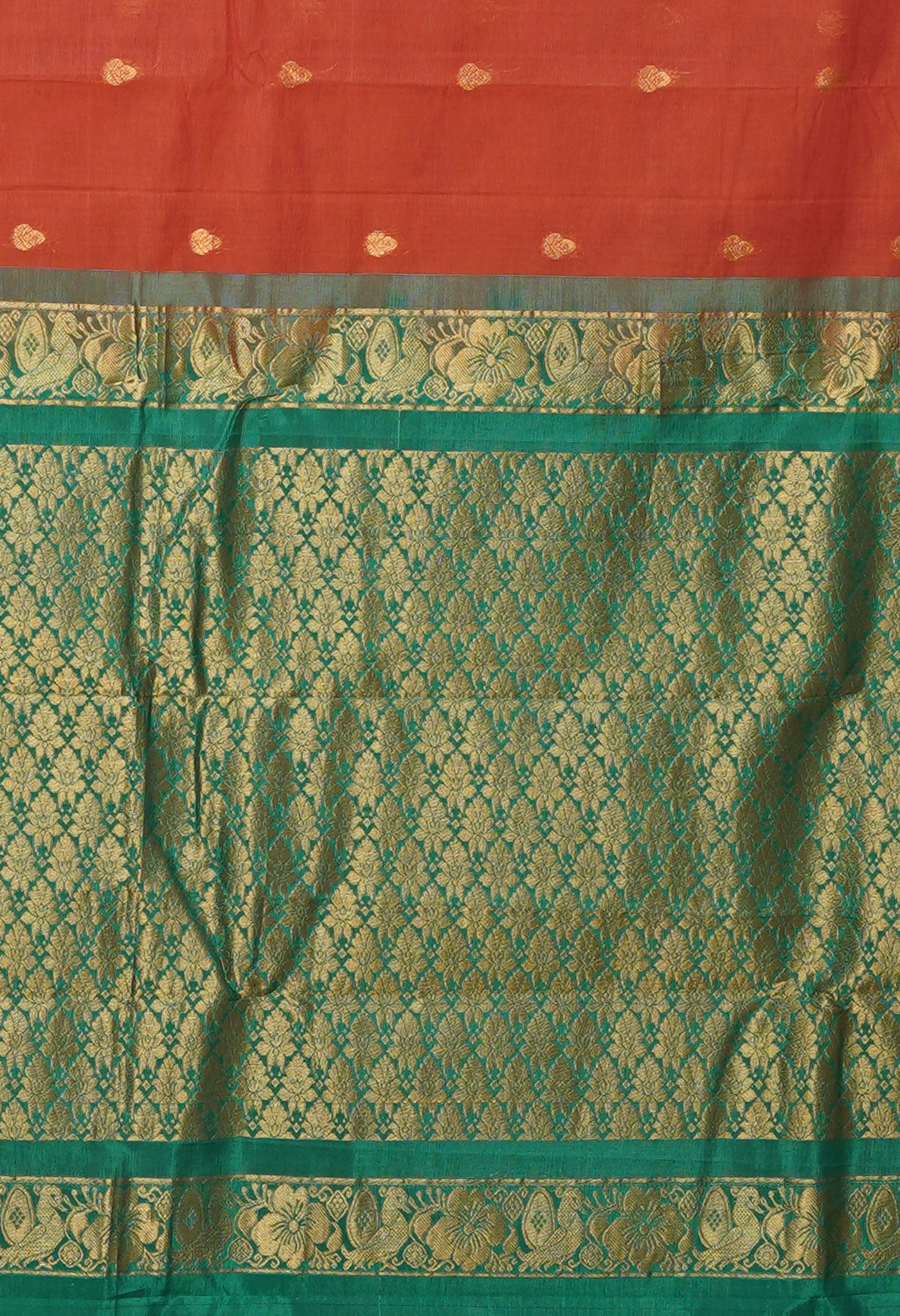 Rust Orange-Green PureHandloom Gadwal Cotton Saree-UNM80723