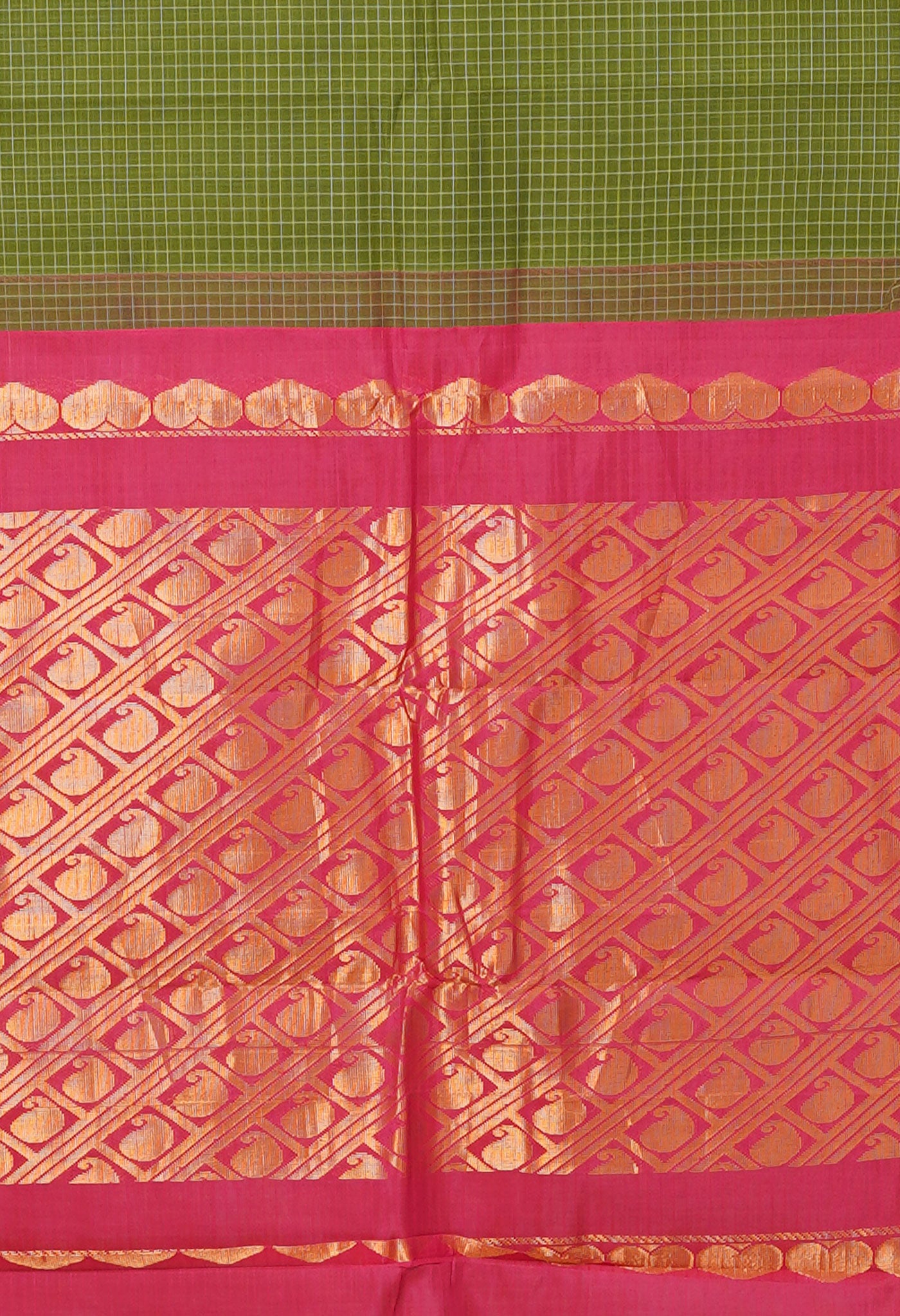 Mehendi Green-Red Pure Handloom Checks Gadwal Cotton Saree-UNM80724