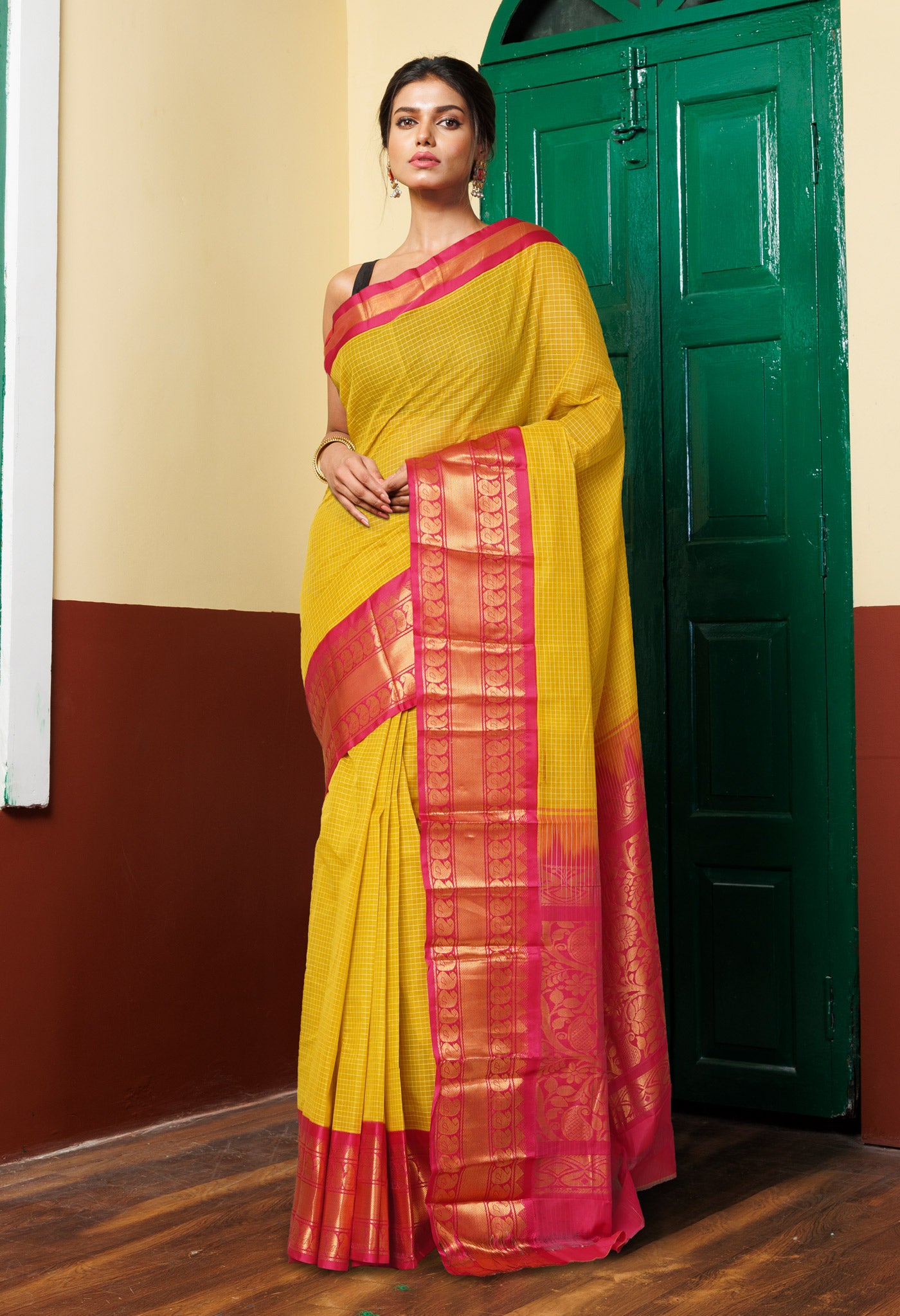 Yellow-Red PureHandloom Checks Gadwal Cotton Saree-UNM80735