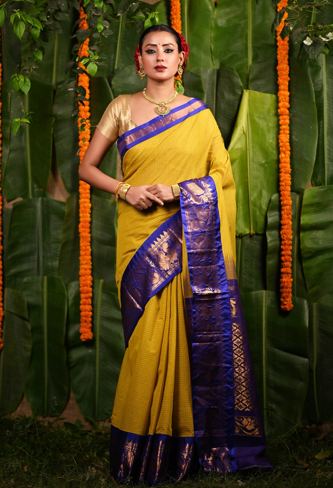 Lemon Yellow-Dark Blue PureHandloom Checks Gadwal Cotton Saree-UNM80739