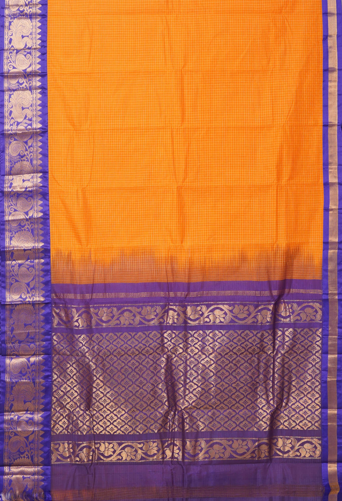 Orange-Dark Blue PureHandloom Checks Gadwal Cotton Saree-UNM80741